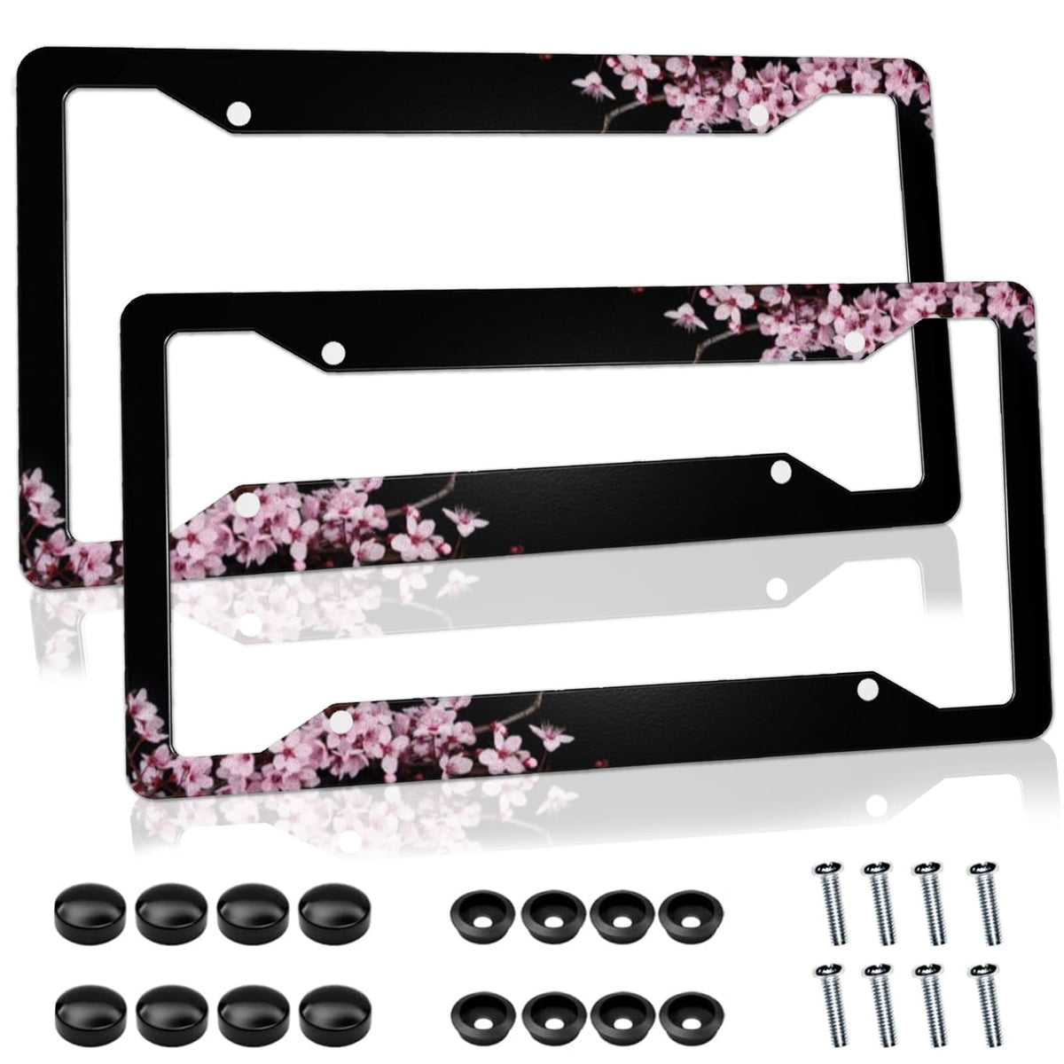 Tomalillin cherry blossom license frame in pink, durable aluminum for everyday driving