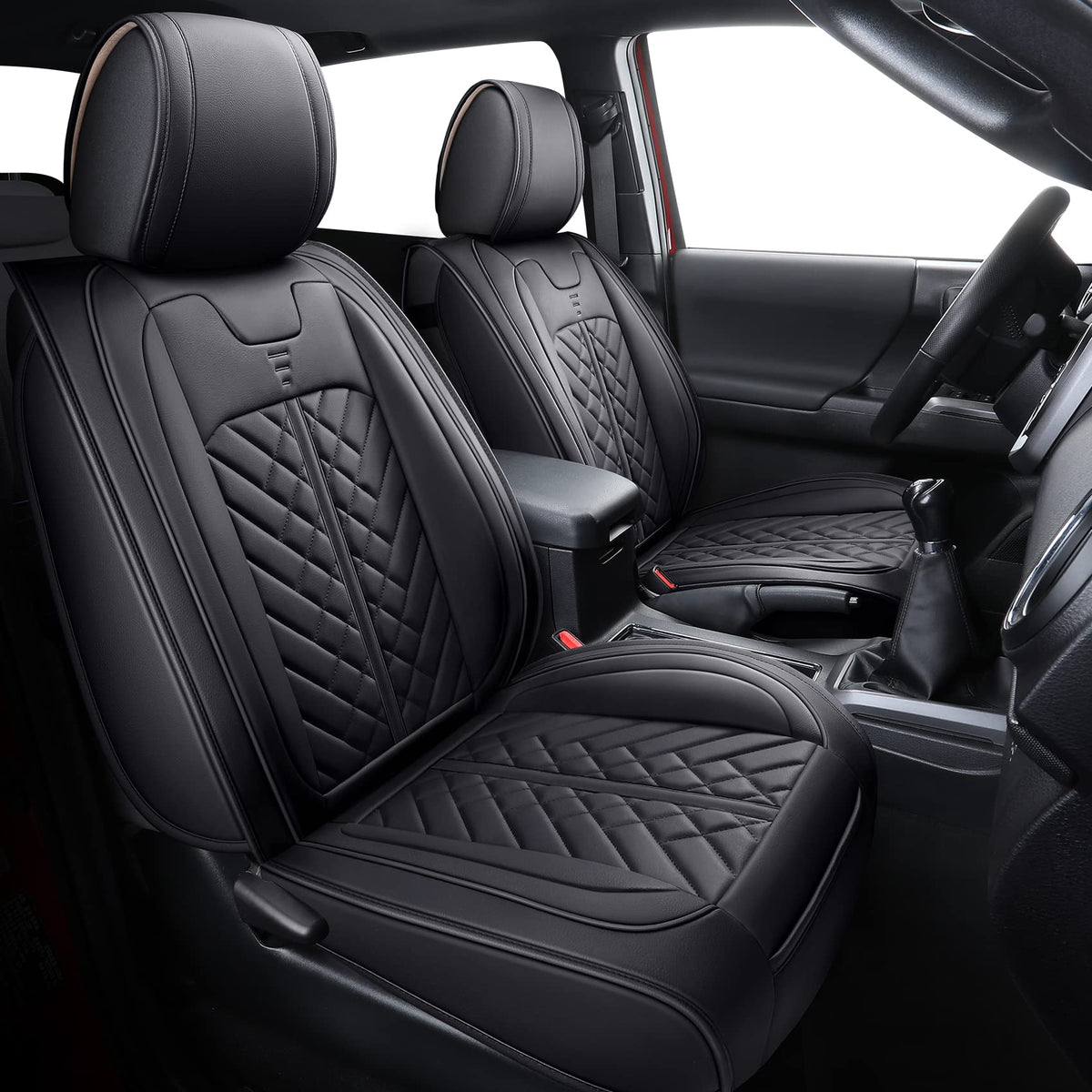 Tomatoman Tacoma seat covers front view in black protect seats with a durable, premium feel.