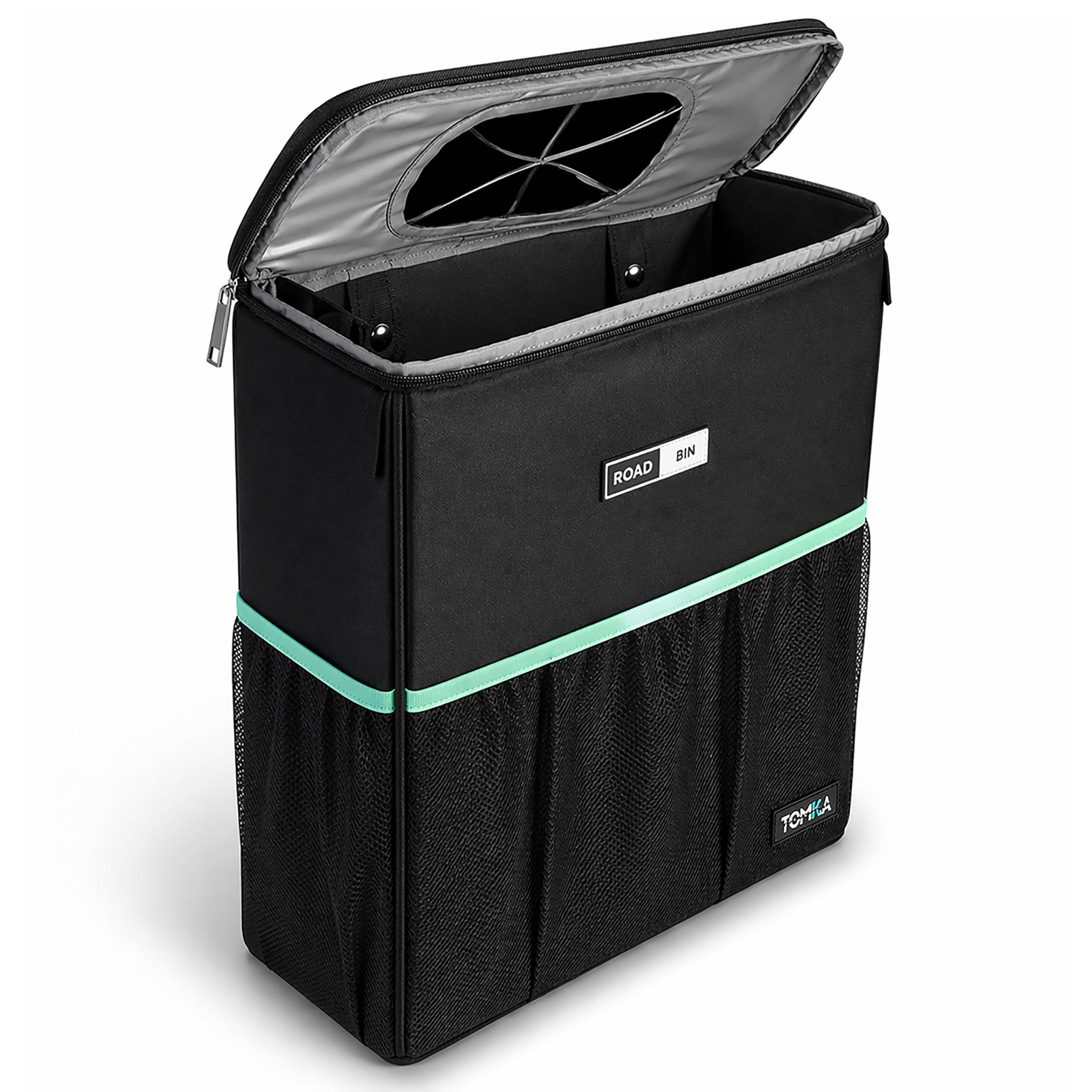 TomKa Essentials RoadBin slim-design car trash can keeps interior fresh with odor-locking lid.