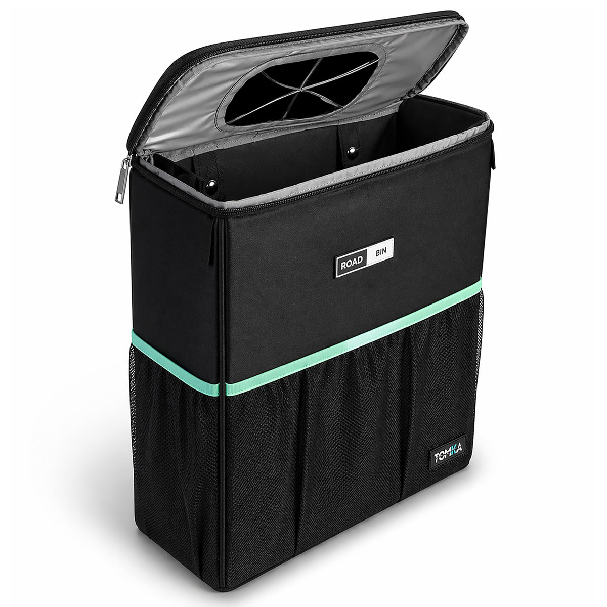 TomKa Essentials RoadBin slim-design car trash can keeps interior fresh with odor-locking lid.