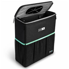 TomKa Essentials RoadBin slim-design car trash can keeps interior fresh with odor-locking lid.