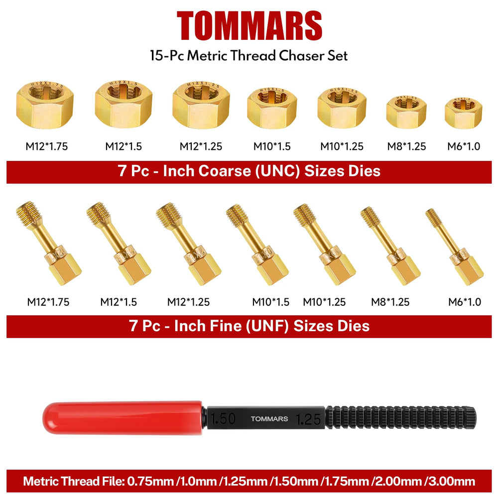 TOMMARS thread chaser M12-1.50 maintains correct pitch during repairs.