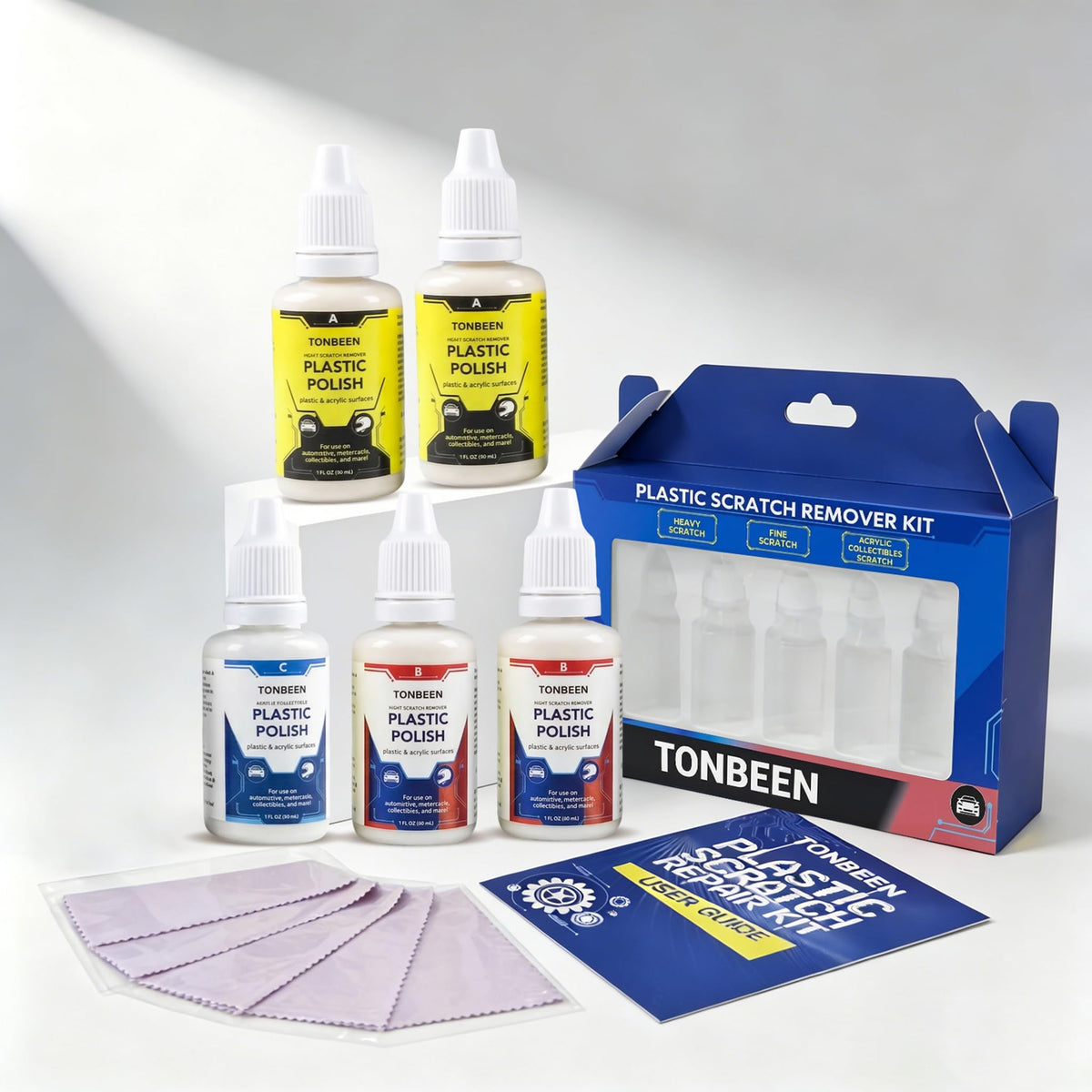 TONBEEN plastic scratch remover kit bottle for reducing surface scratches.