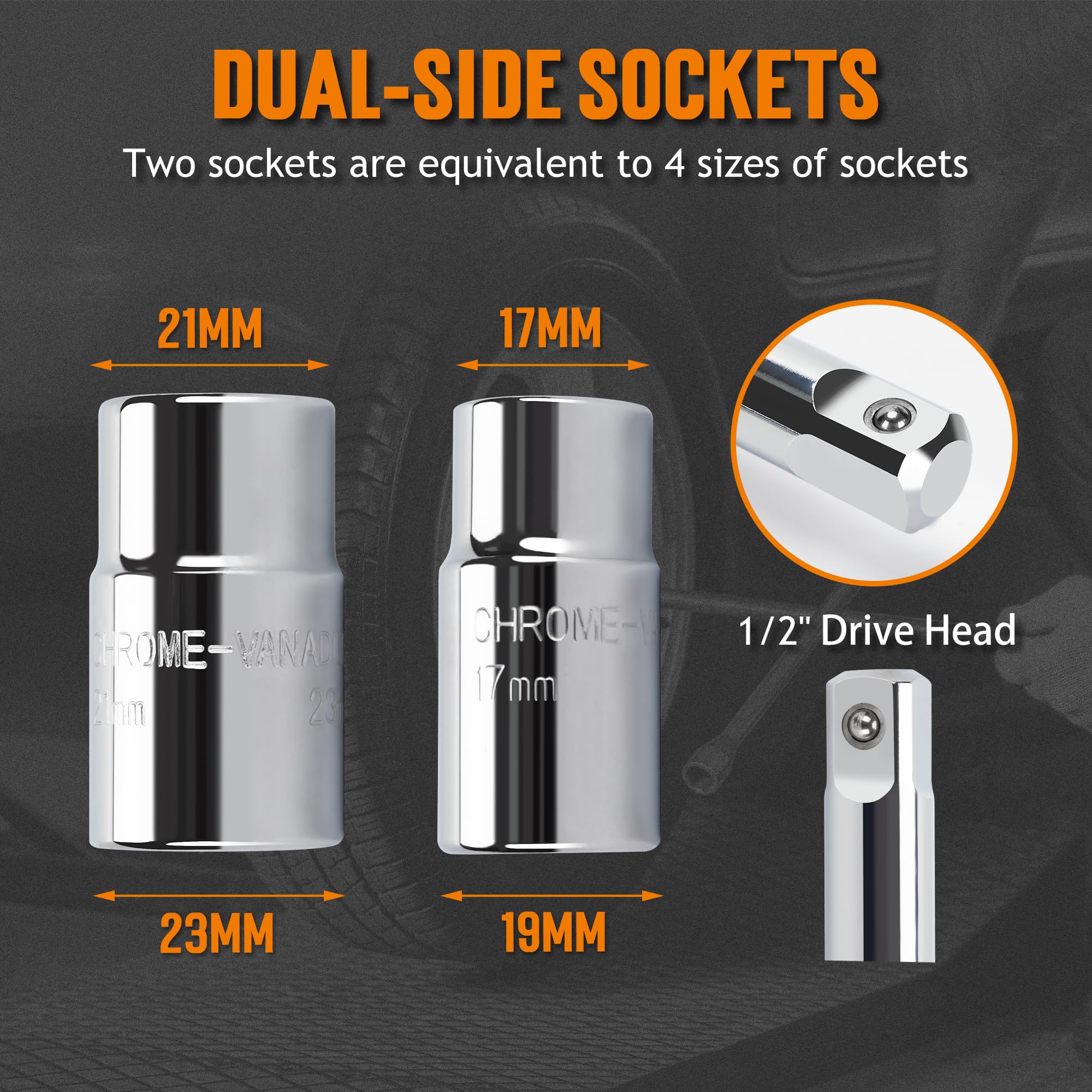 TONDA lug wrench set includes 17 mm and 11/16 in plus 19 mm and 3/4 in sockets