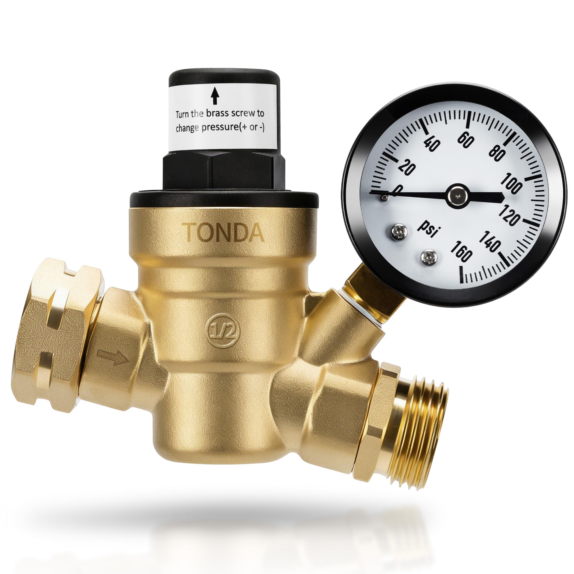 TONDA RV water pressure regulator with gauge for precise pressure control during travel.