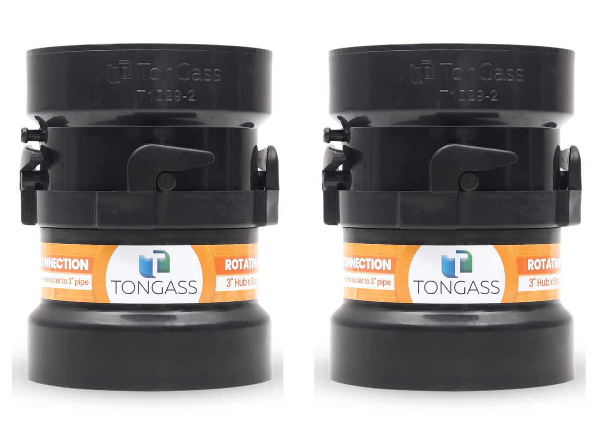 TonGass rotating pipe adapter for RV waste connections enables quick hookups.