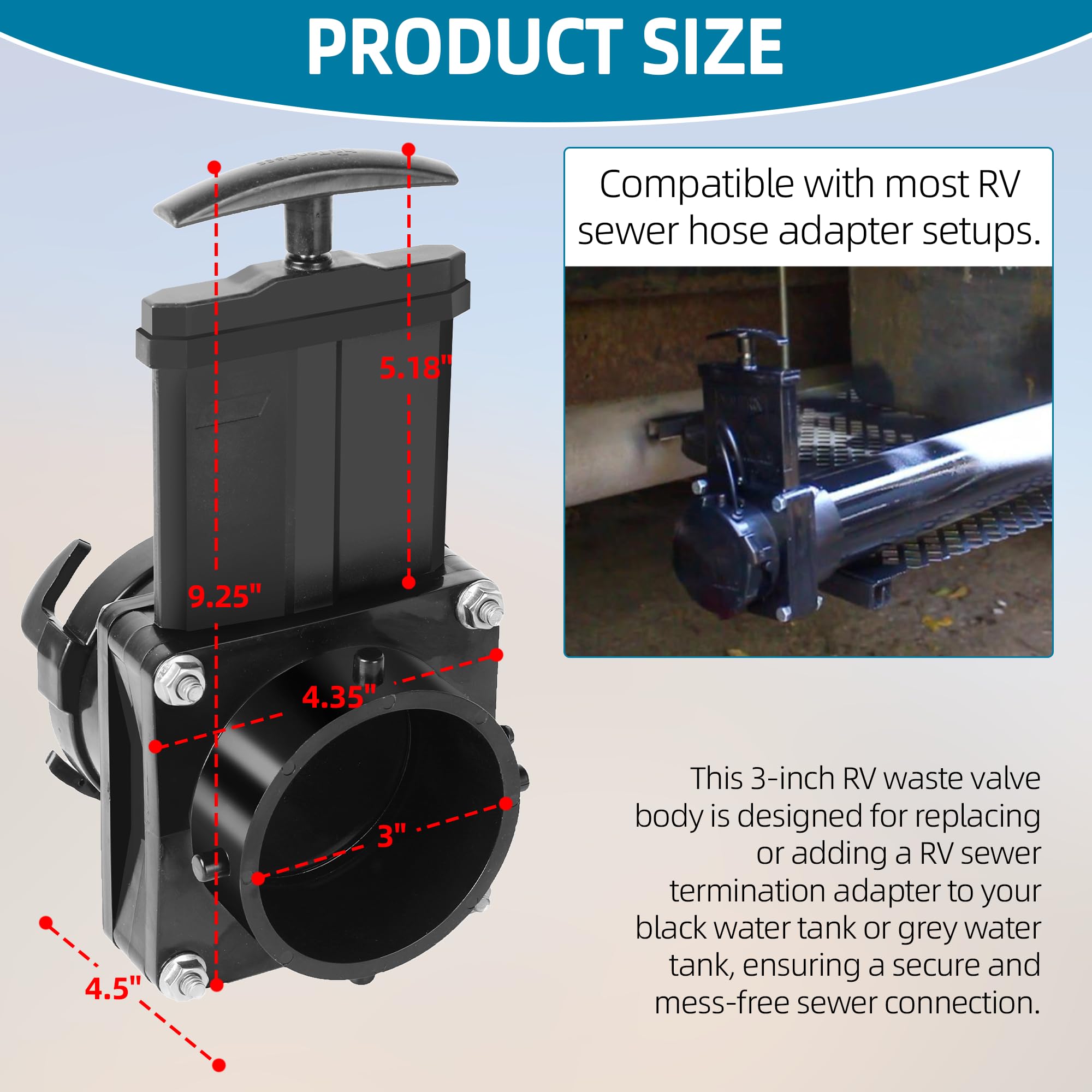 TonGass heavy-duty ABS construction highlights durability for RV waste systems.
