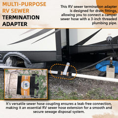 TonGass RV hose connector shows bayonet hooks for leak free wastewater disposal