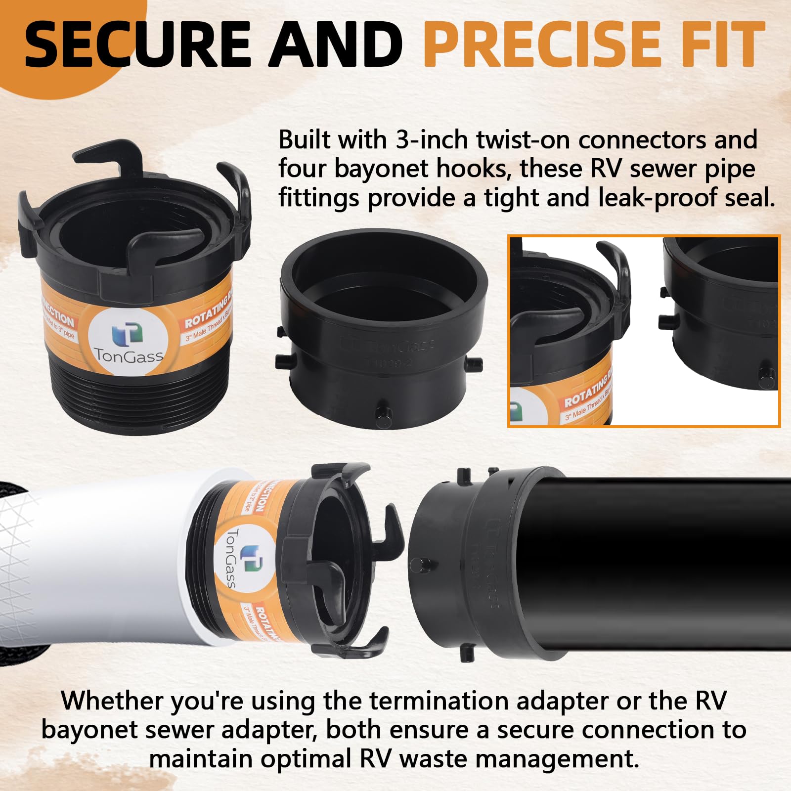 TonGass ABS plastic pipe fitting provides durable RV sewer hardware