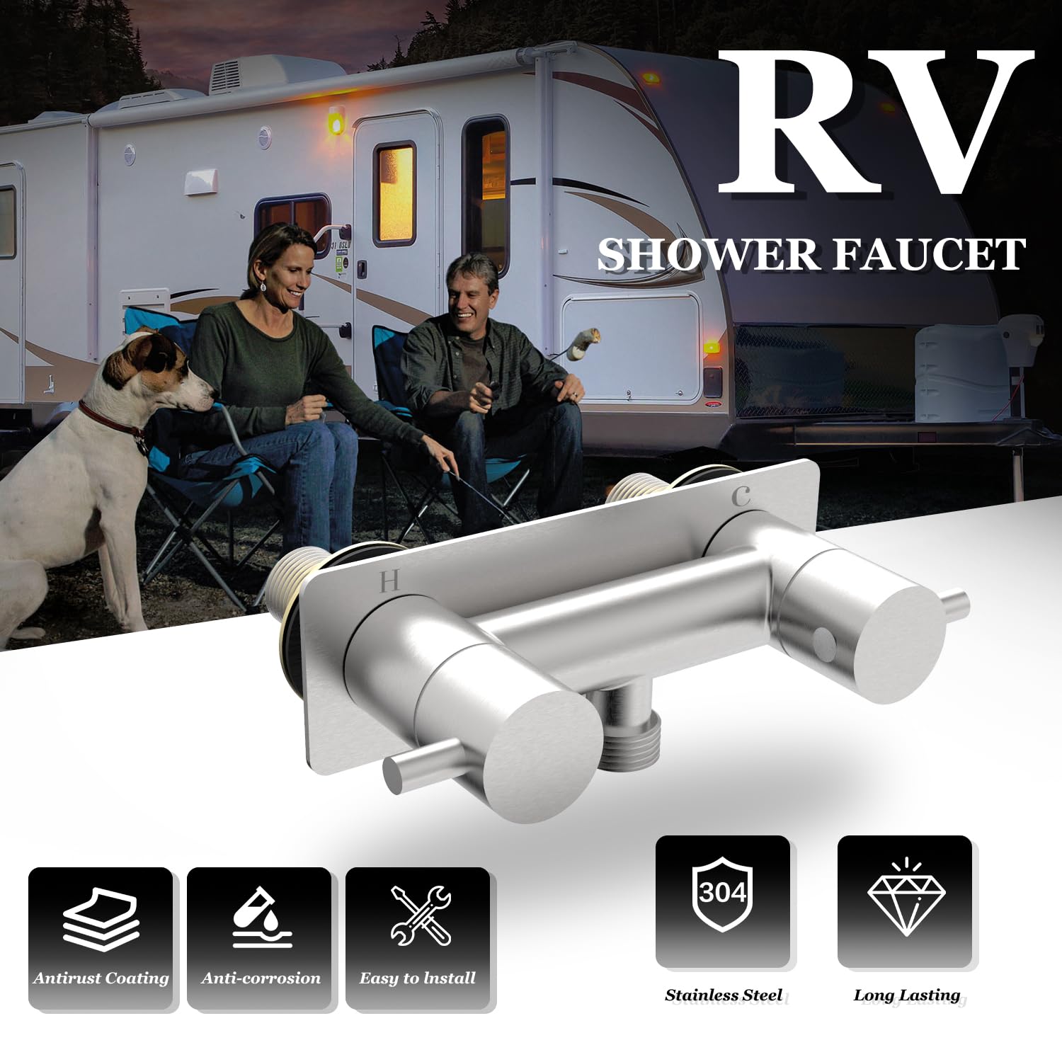 TONNY camper shower faucet dual-lever handles enable precise temperature control on the go.