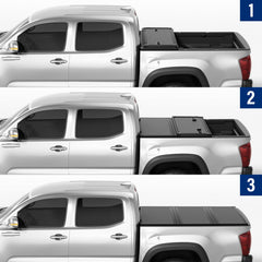 Folded panels of the Tono King tonneau cover for quick cargo access.