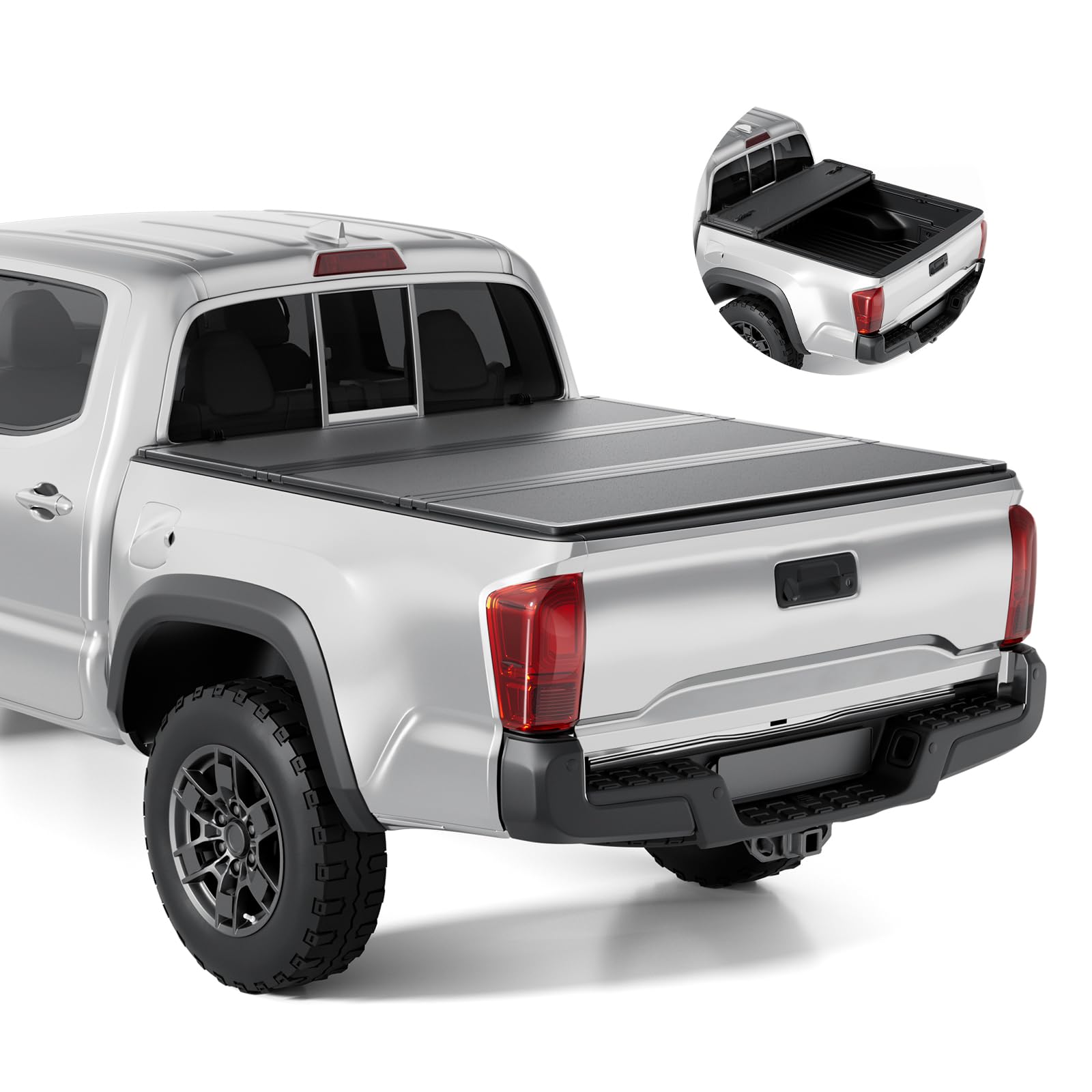 Tono King FRP hard tri-fold tonneau cover on Toyota Tacoma 6'2 bed, closed for secure cargo.