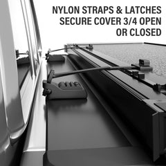 Nylon straps secure Tono King cover in 2-4 open position for safe driving