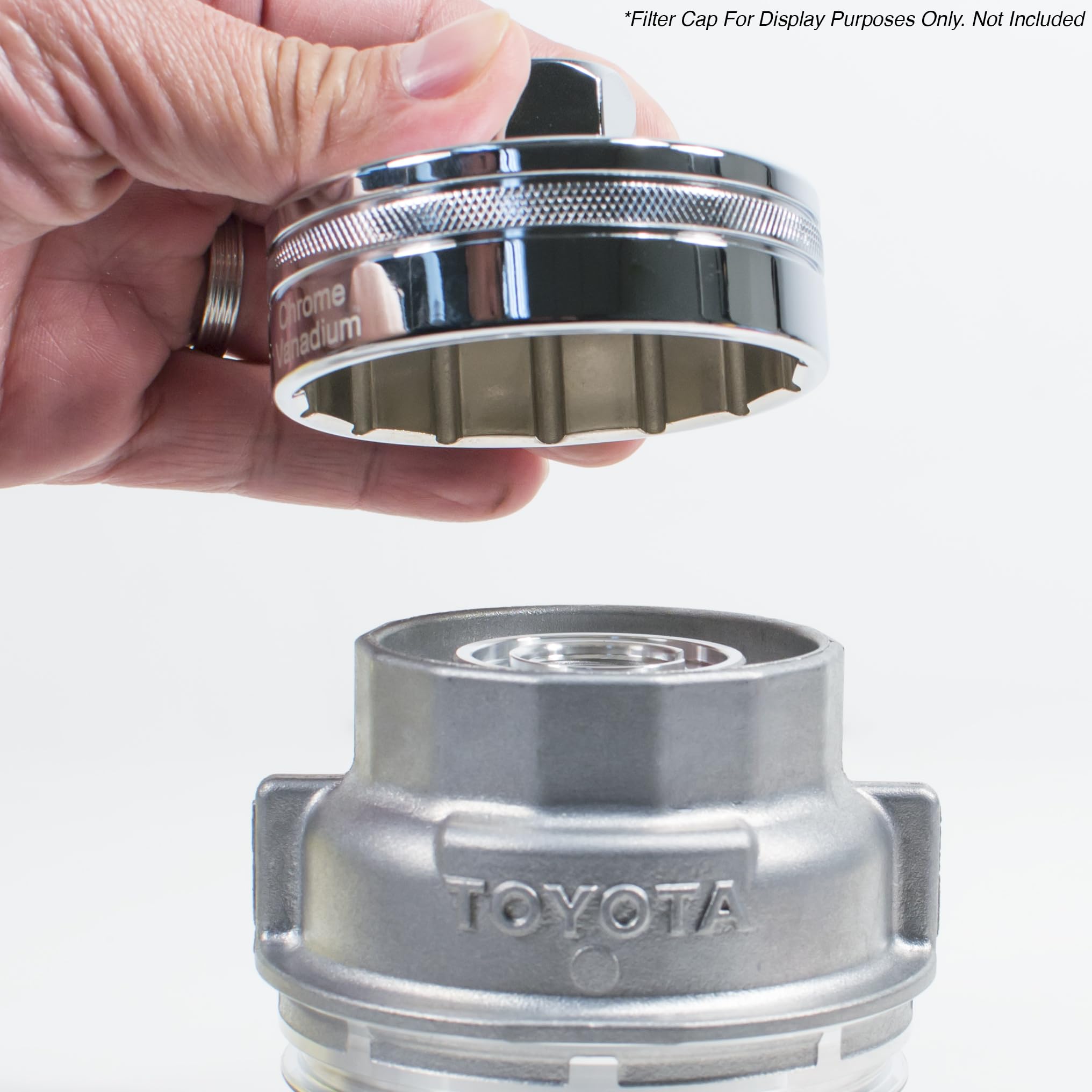 Tool Guy Republic oil filter wrench for Toyota engines enabling easier cap removal.