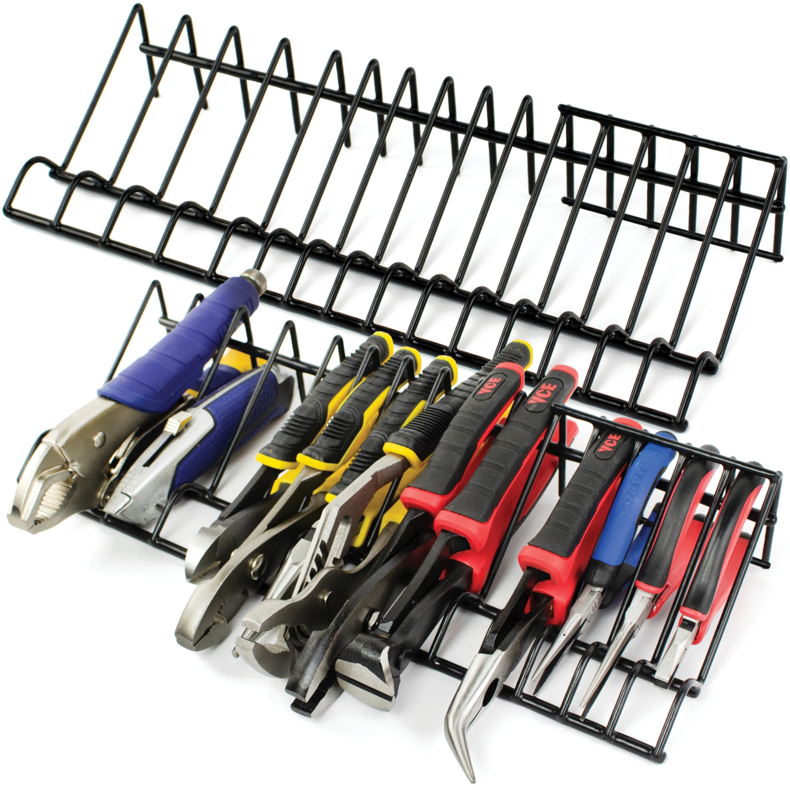 ToolAssort plier organizer rack, front view, accessible and orderly.