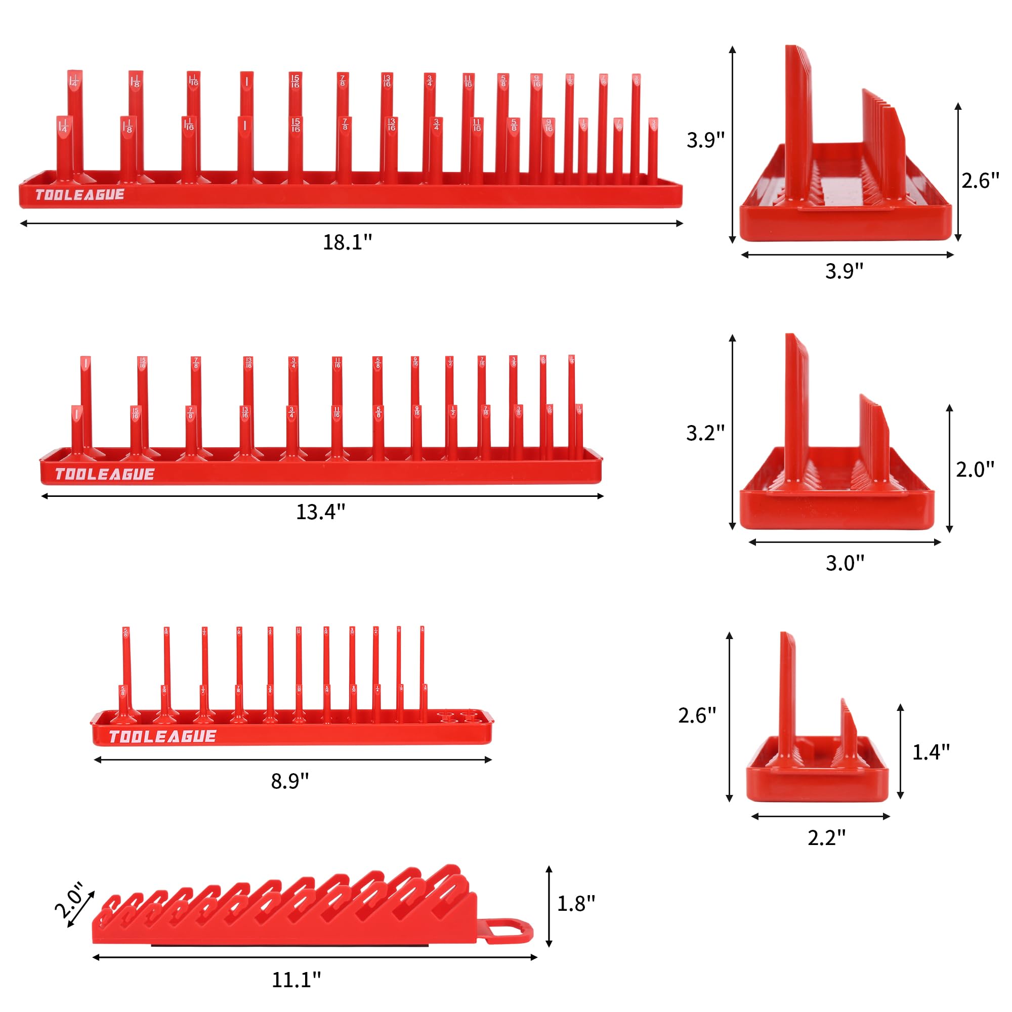 TOOLEAGUE red SAE socket tray side view keeps sizes visible at a glance