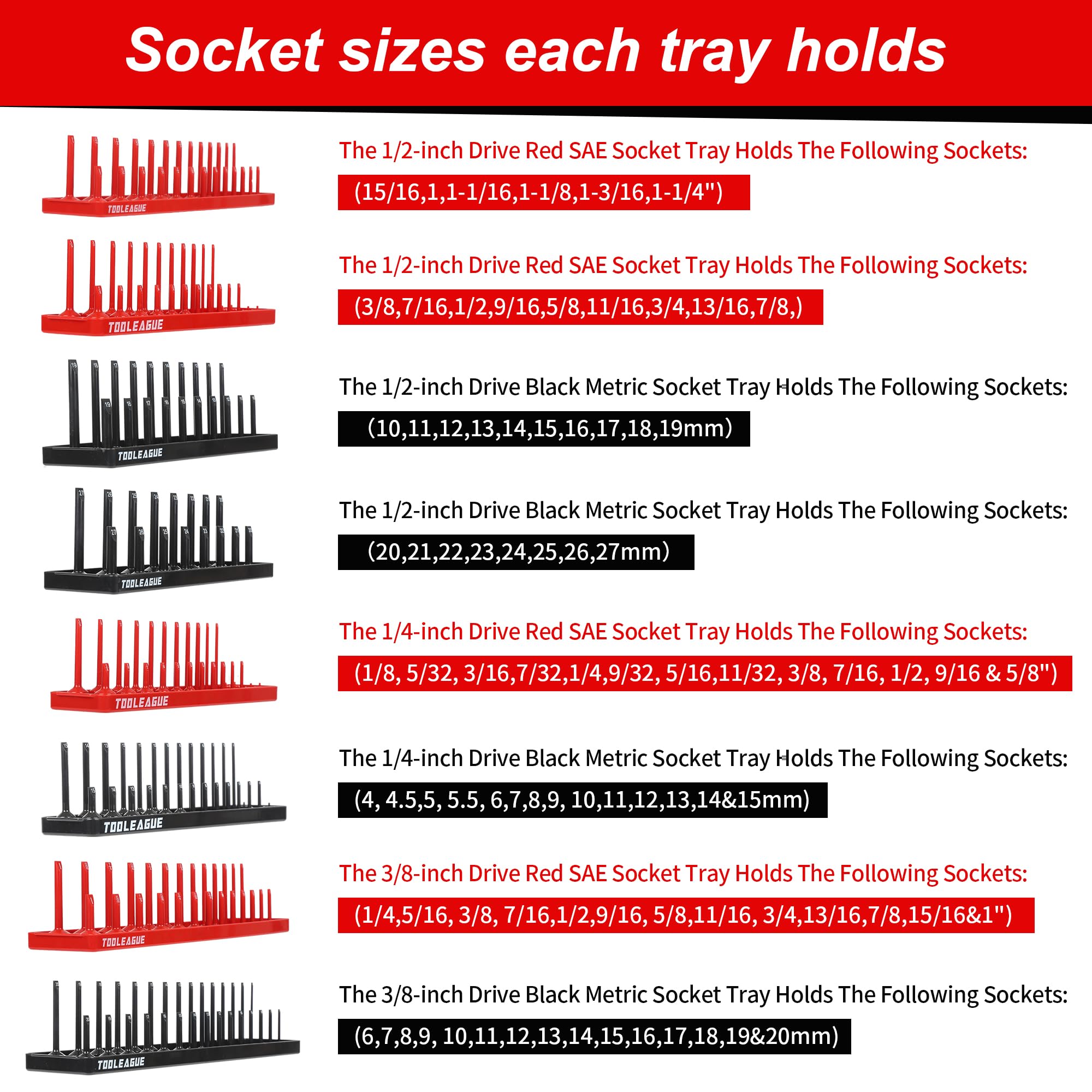 TOOLEAGUE socket-tray organization inside a drawer reduces clutter and improves visibility.