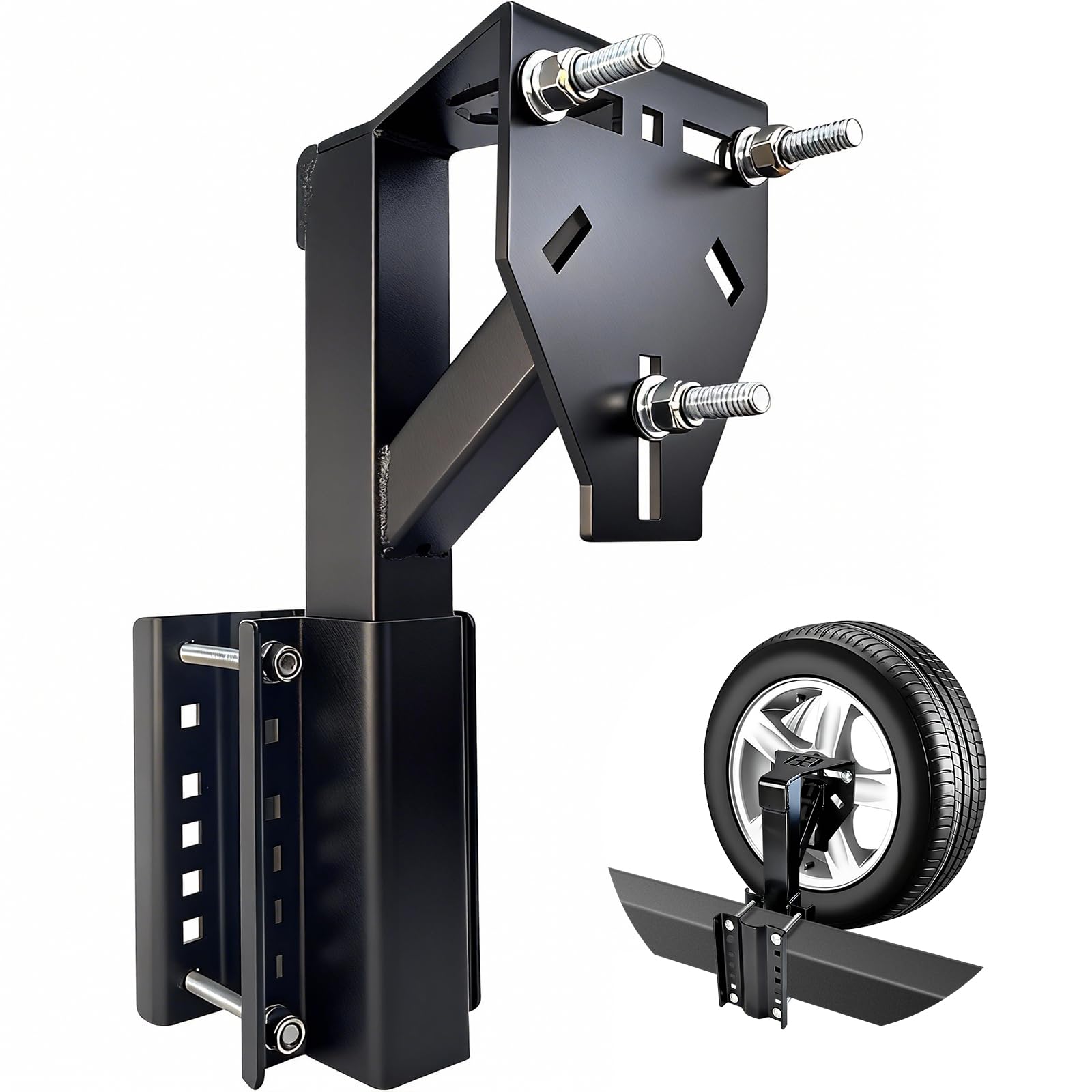 Toolhoper RV spare tire mount with heavy-duty frame securing tires on rugged trips