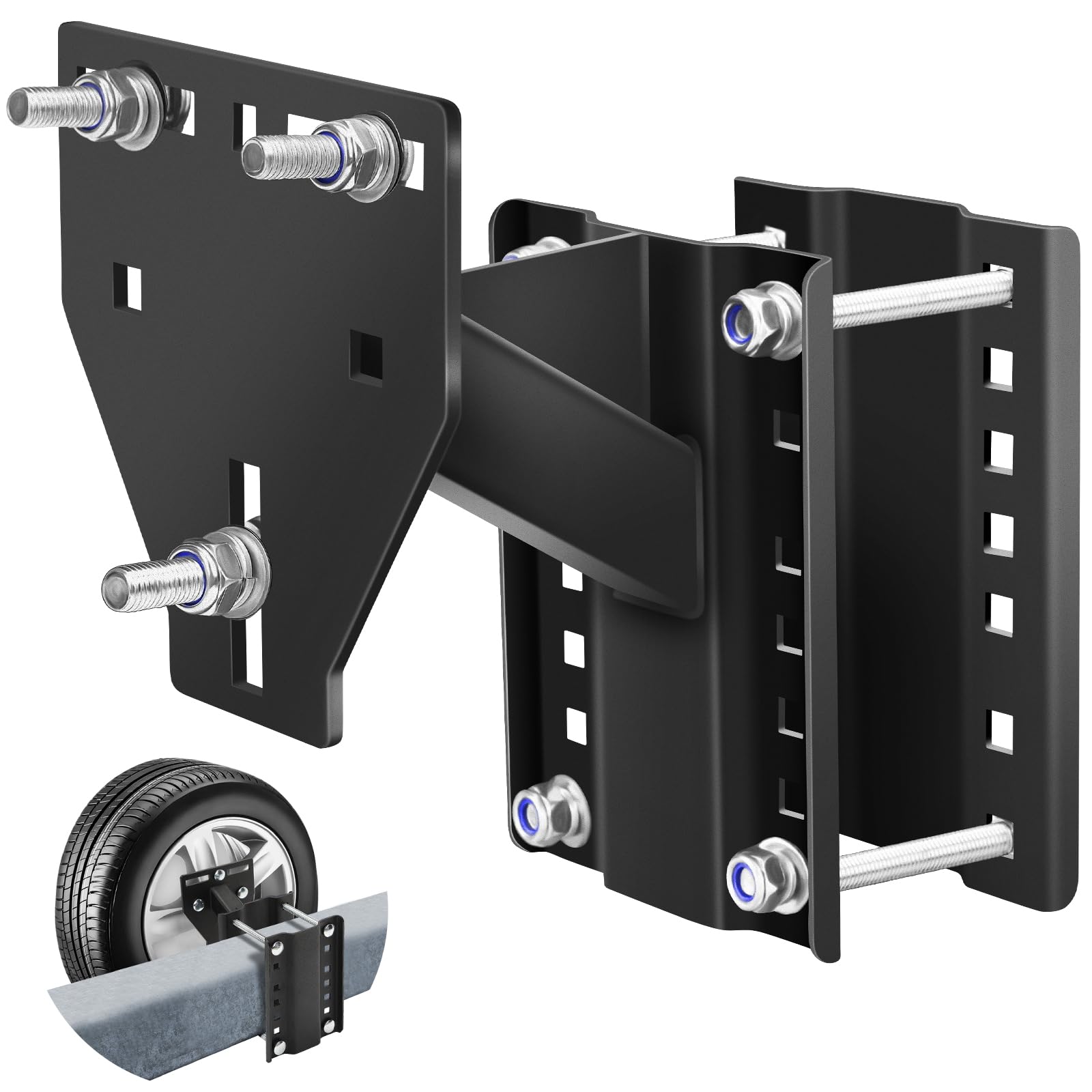 Toolhoper trailer spare tire mount with 3-nut lock for secure travel.