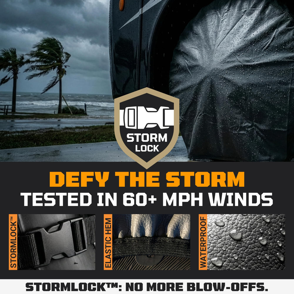 TOOLTROOPERS TIRESHIELD PRO stormlock-buckle closeup demonstrates secure fit in windy conditions
