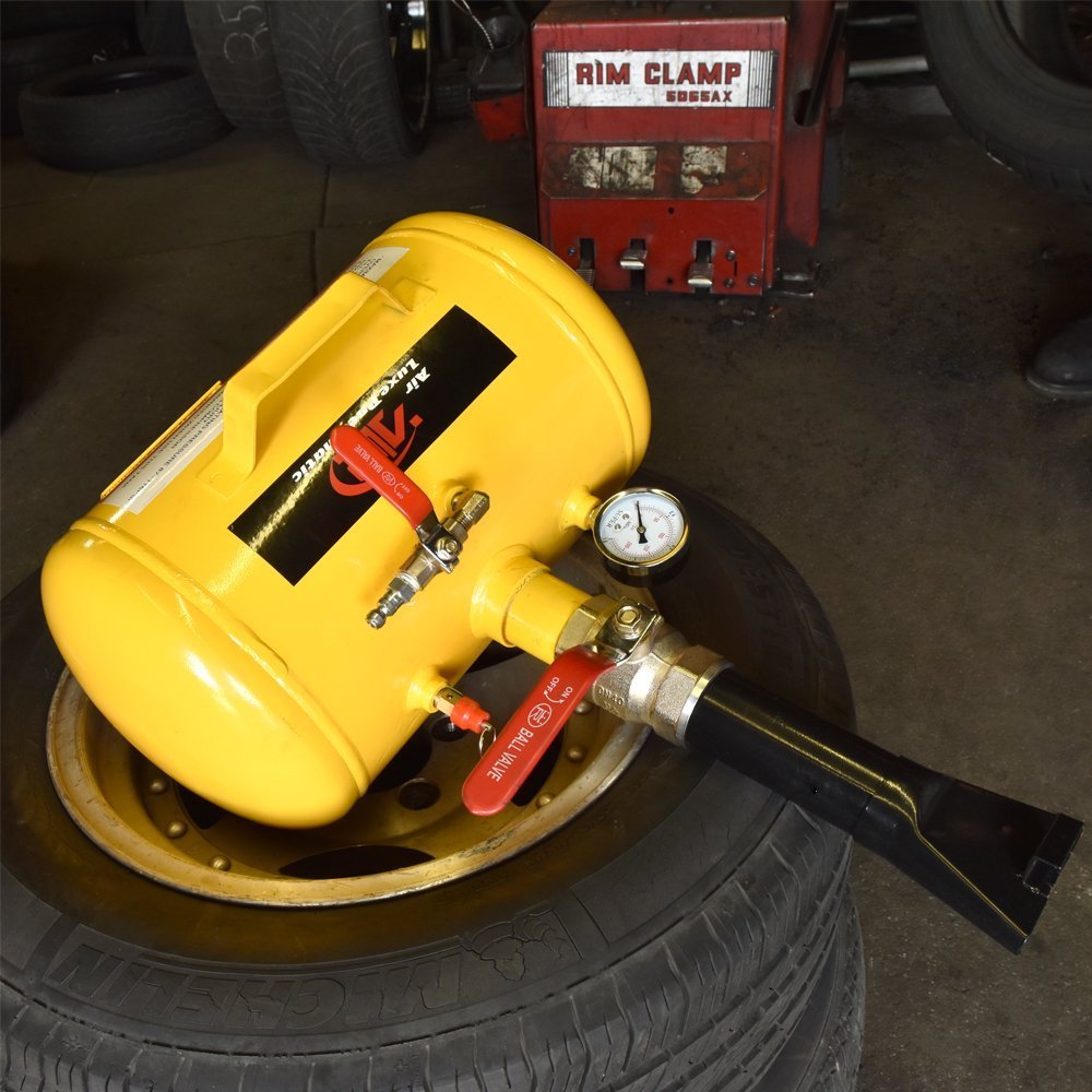 Tooluxe 30007L in-use bead seating demonstrates quick bead seating on various tires.