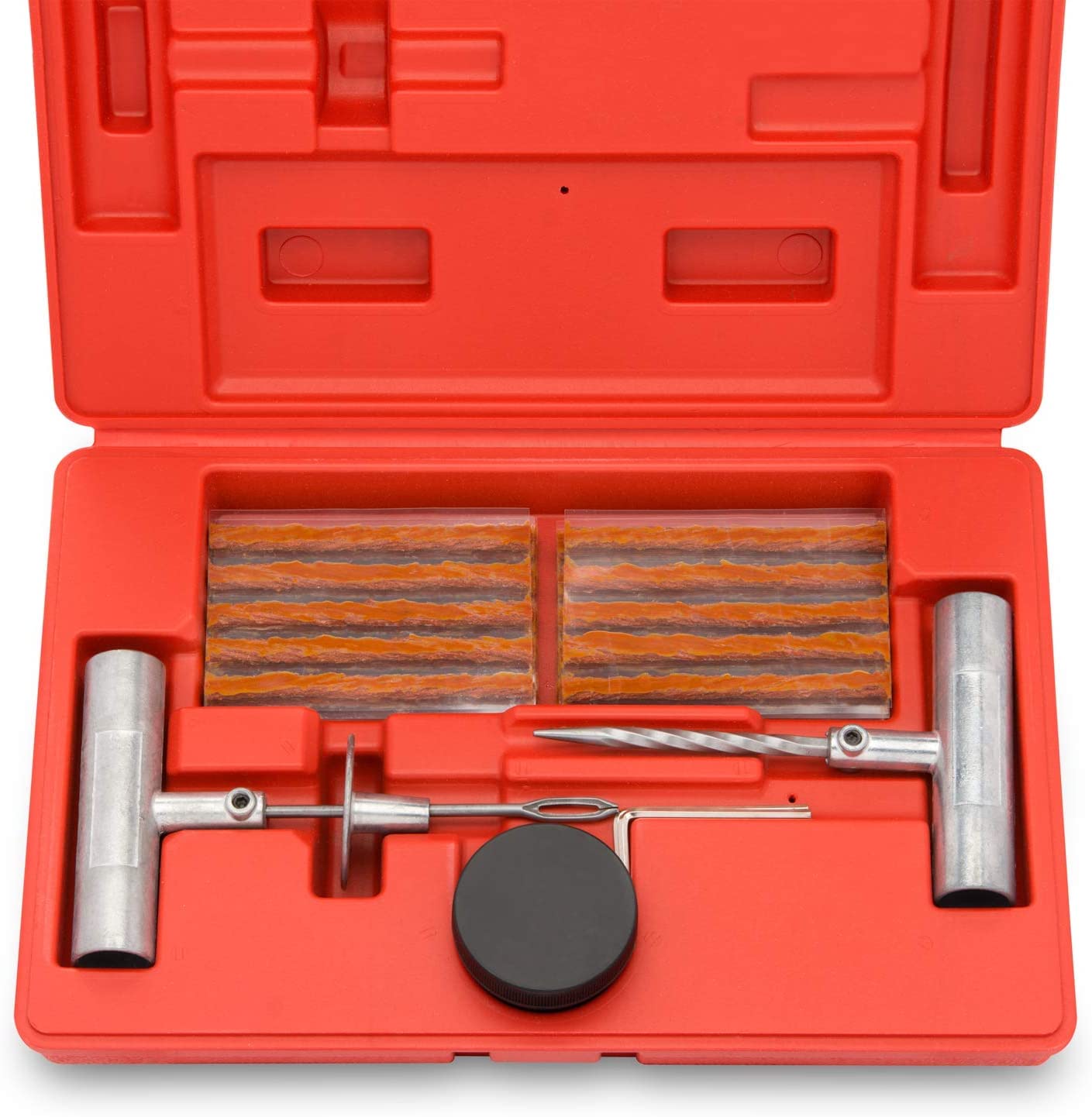Tooluxe 50002L tire repair kit in blow-mold case for quick roadside fixes