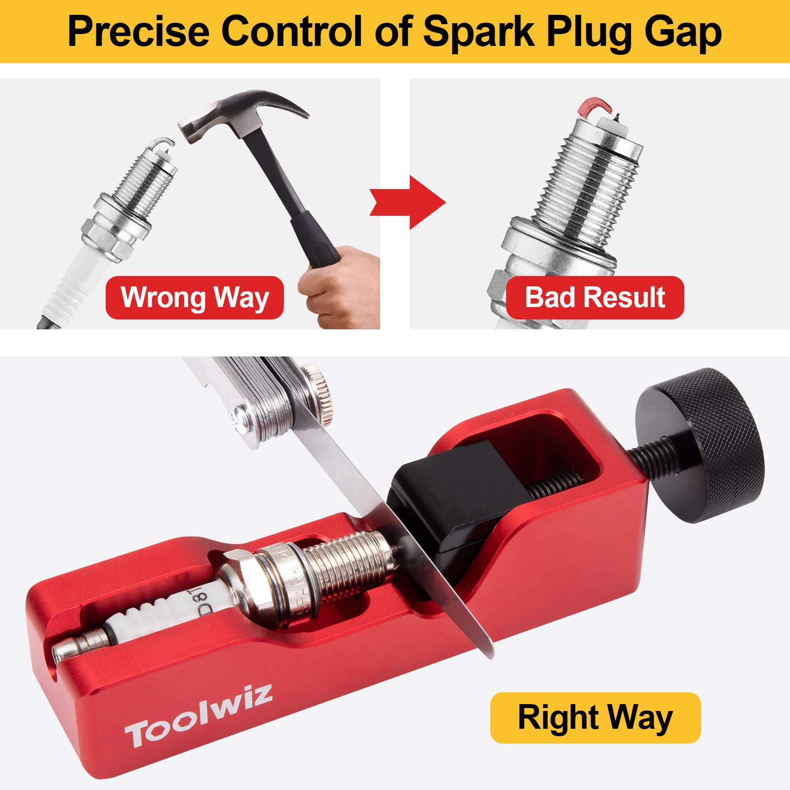 Toolwiz gap tool demonstrates compatibility with 10–16 mm spark plugs.