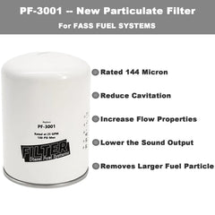 Toolyuan PF-3001 fuel filter image highlighting 144-micron rating for robust filtration