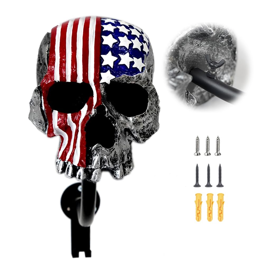 Tooyuart skull helmet rack on wall mount displaying organized helmets side view.