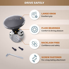 Top Life knob on wheel closeup emphasizes ergonomic grip for one-handed driving.