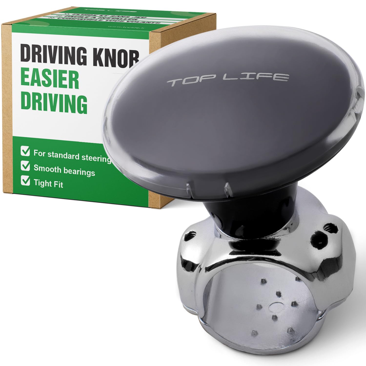 Top Life steering wheel knob assembly shown with universal fit and smooth control.