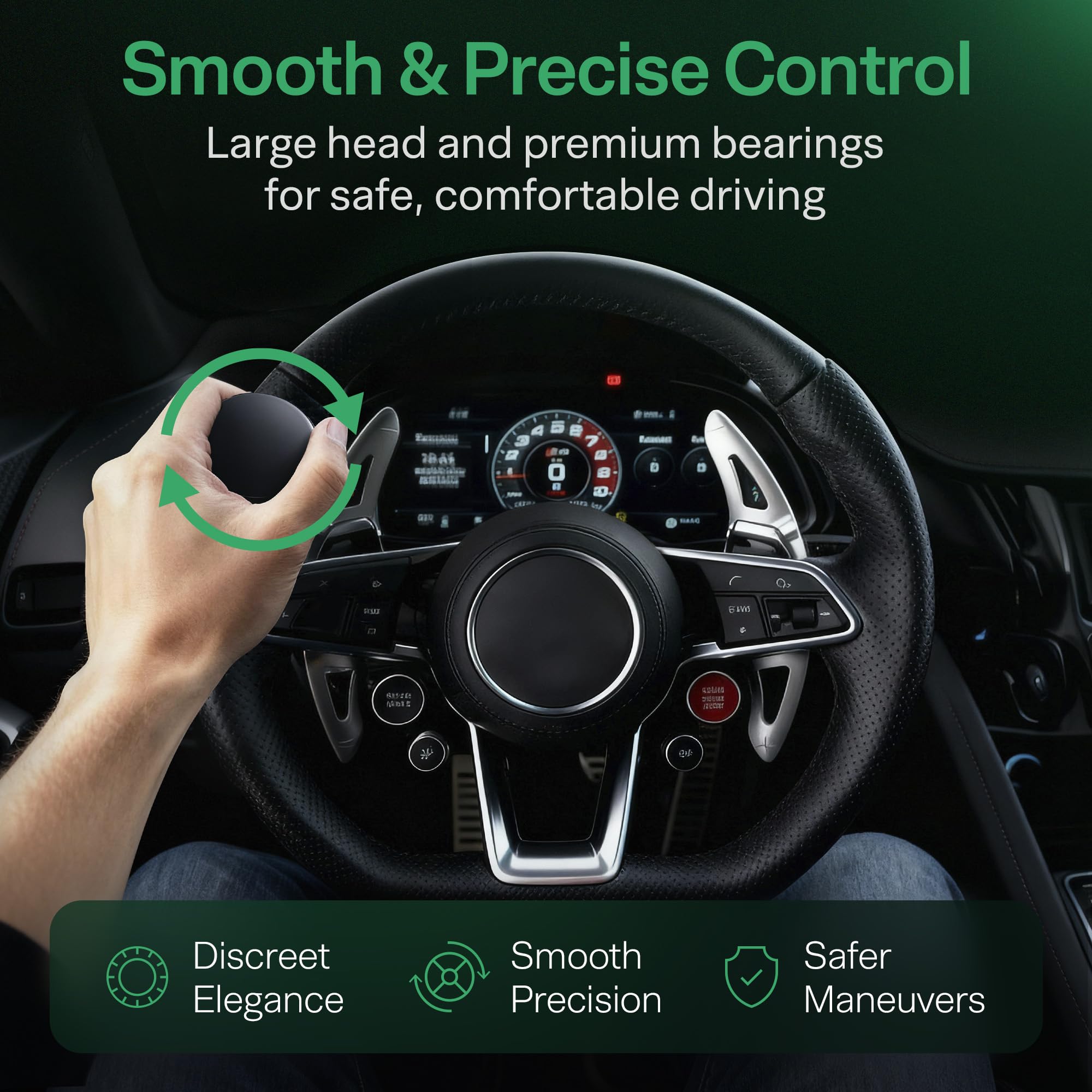 Top Life steering wheel knob no-logo design blends with interior and reduces distraction