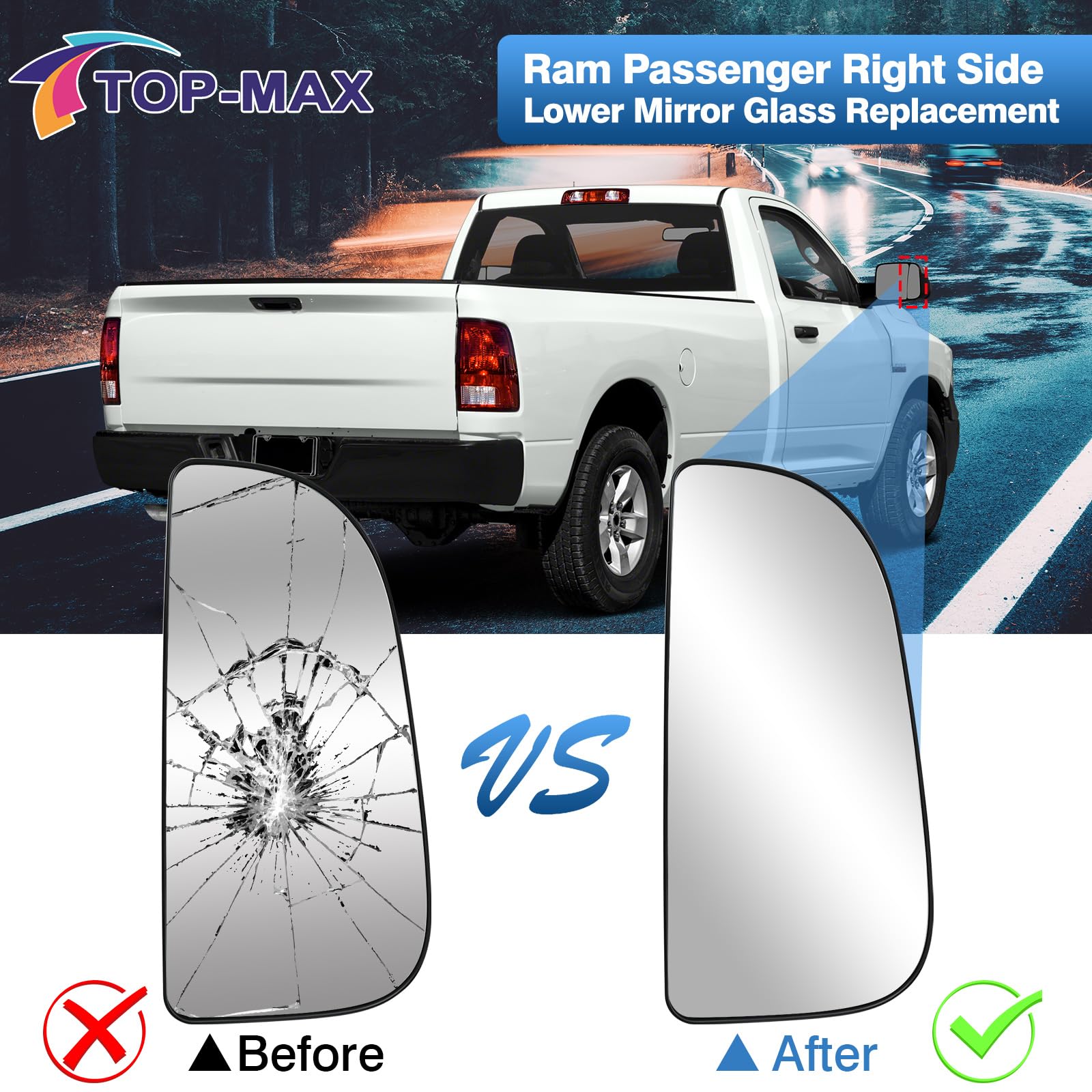 TOP-MAX convex lower mirror glass with bracket for Ram towing
