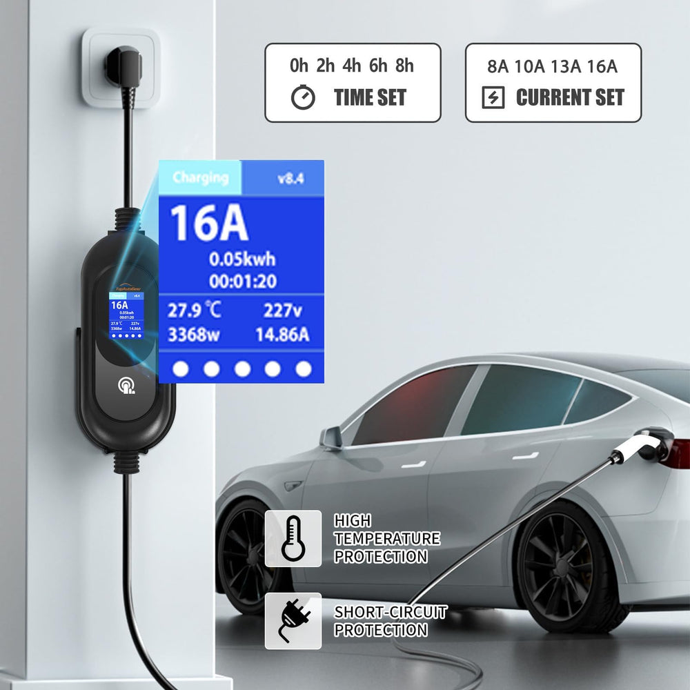 TopAutoGear EV charger with a 25-foot cable for reach in driveway or campsite.