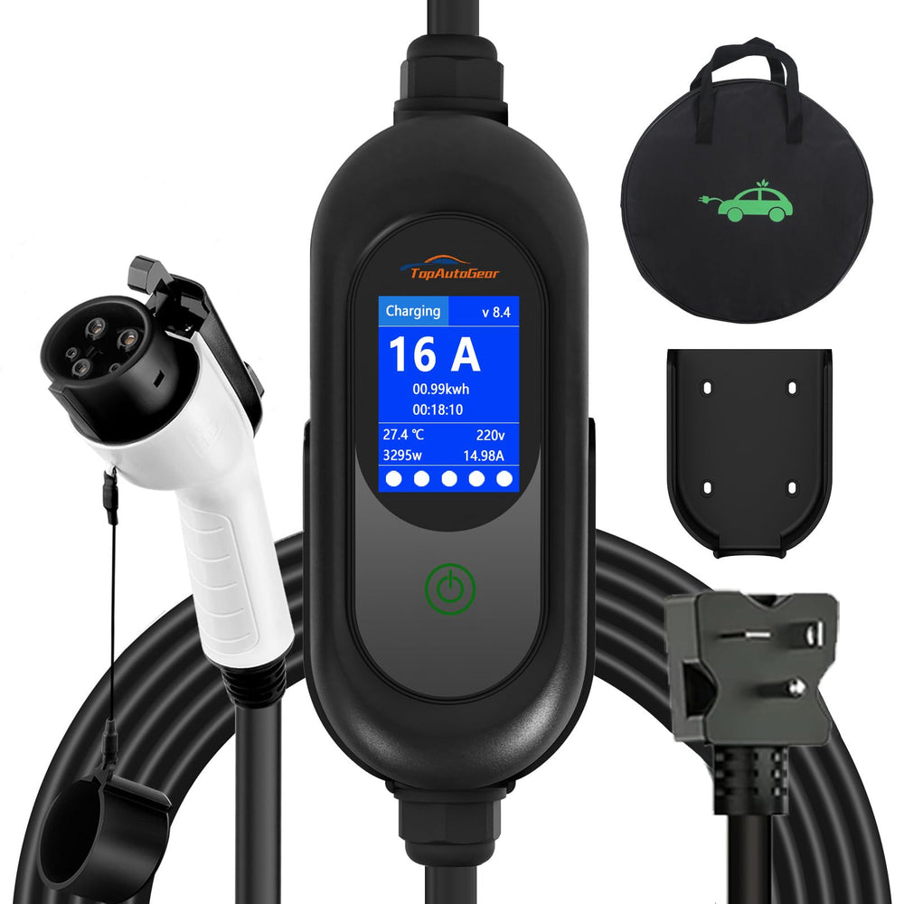 TopAutoGear portable EV charger with 25ft cord for indoor and outdoor charging.