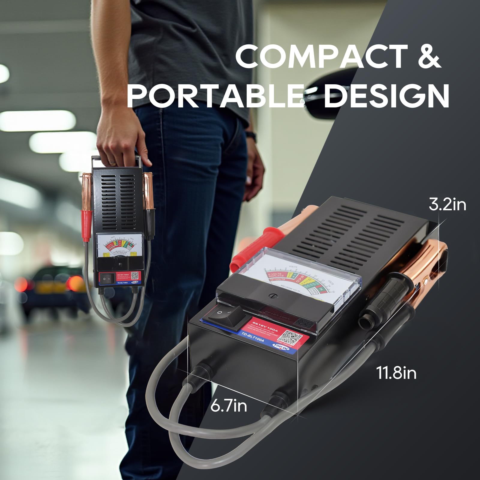 TOPDC compact portable meter with rubber grips for on-the-go testing.