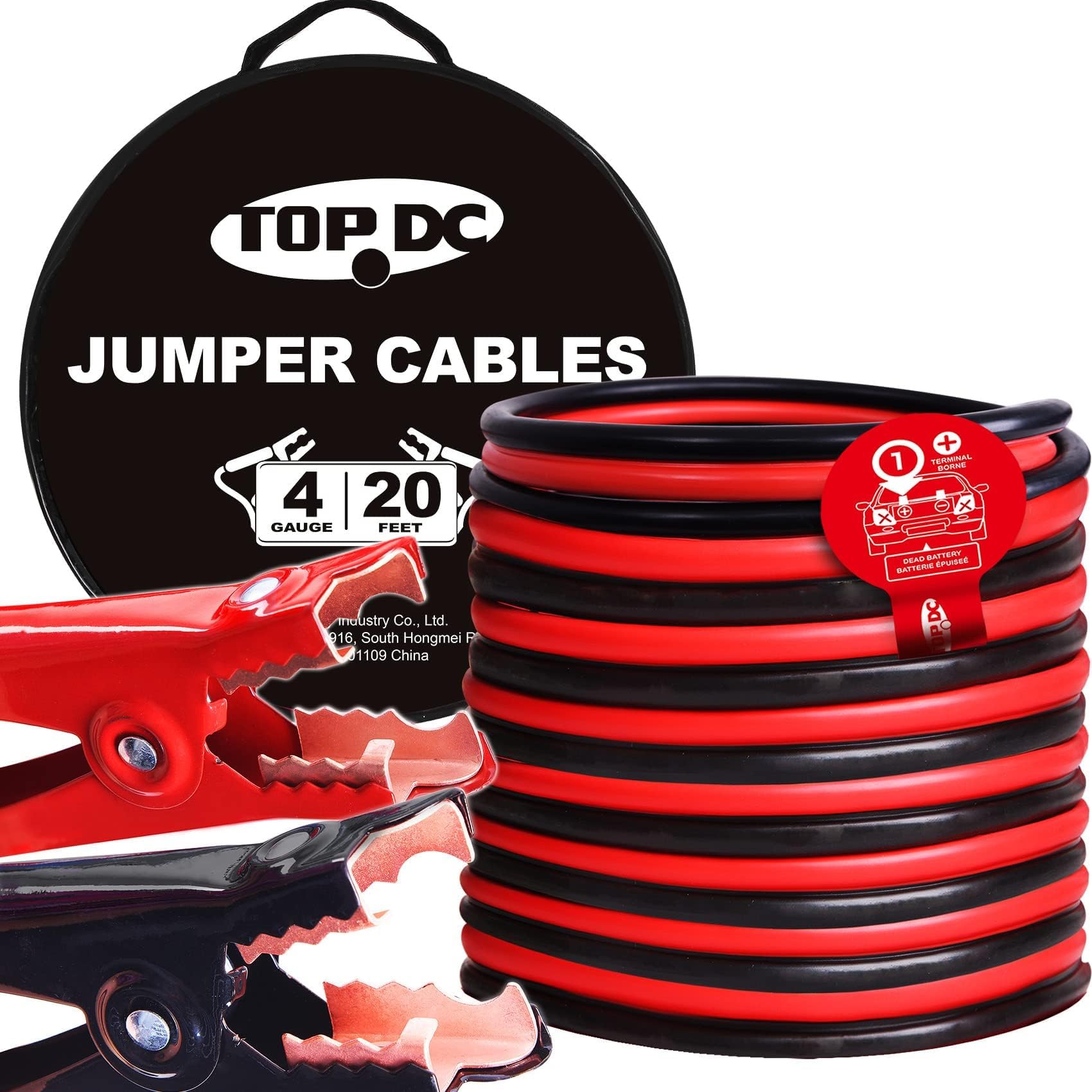 TopDC four-gauge jumper cables clamps closeup showing strong grip for secure battery connections.