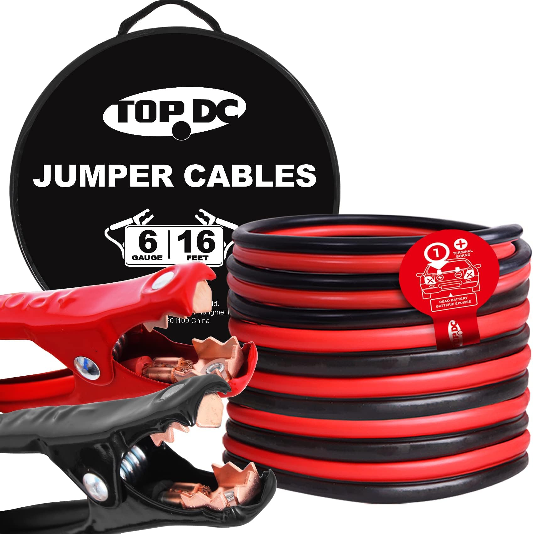TOPDC TD-P0616 storage bag keeps jumper cables organized for easy roadside use.