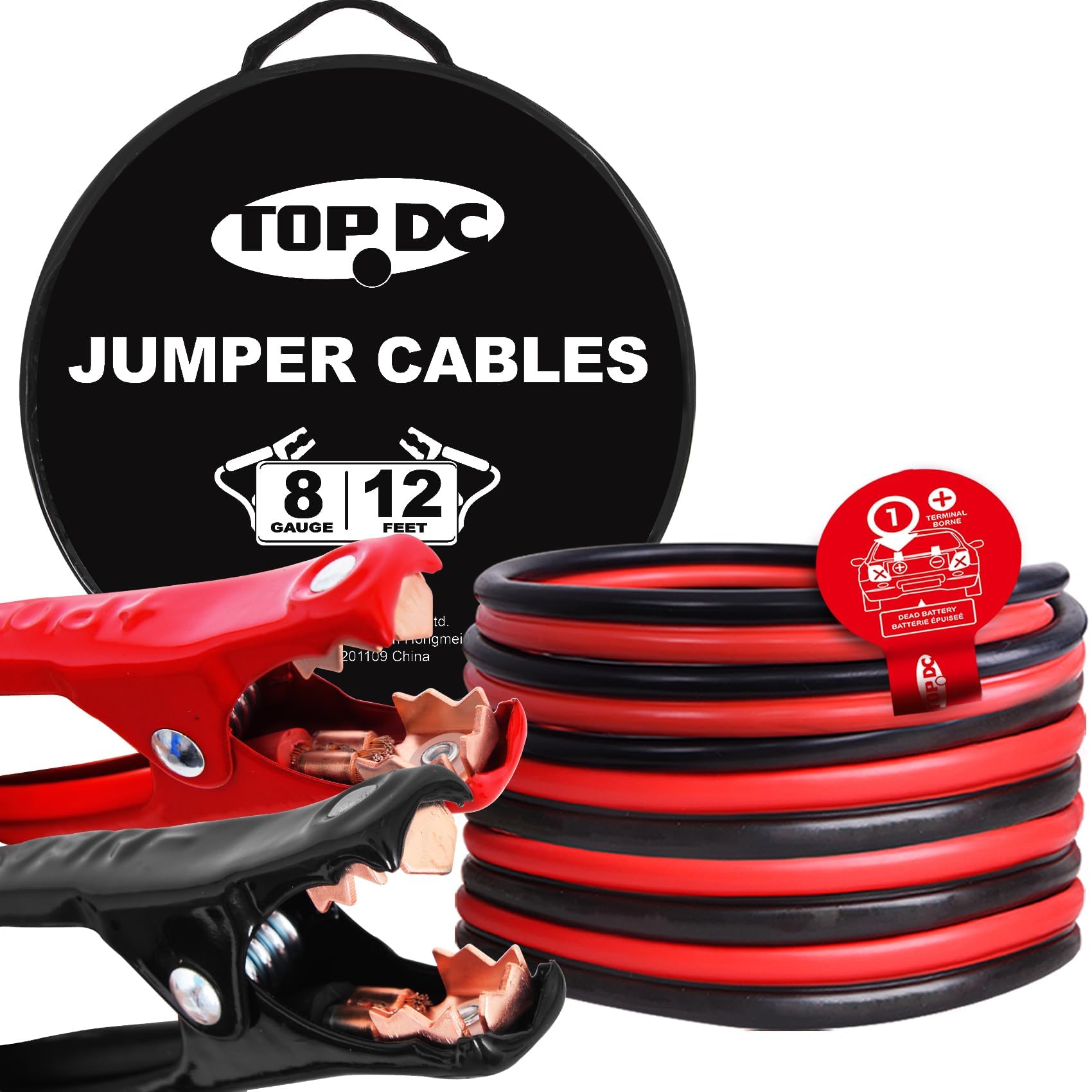 TOPDC TD-P0812 8-gauge cables coiled for quick, reliable jump starts