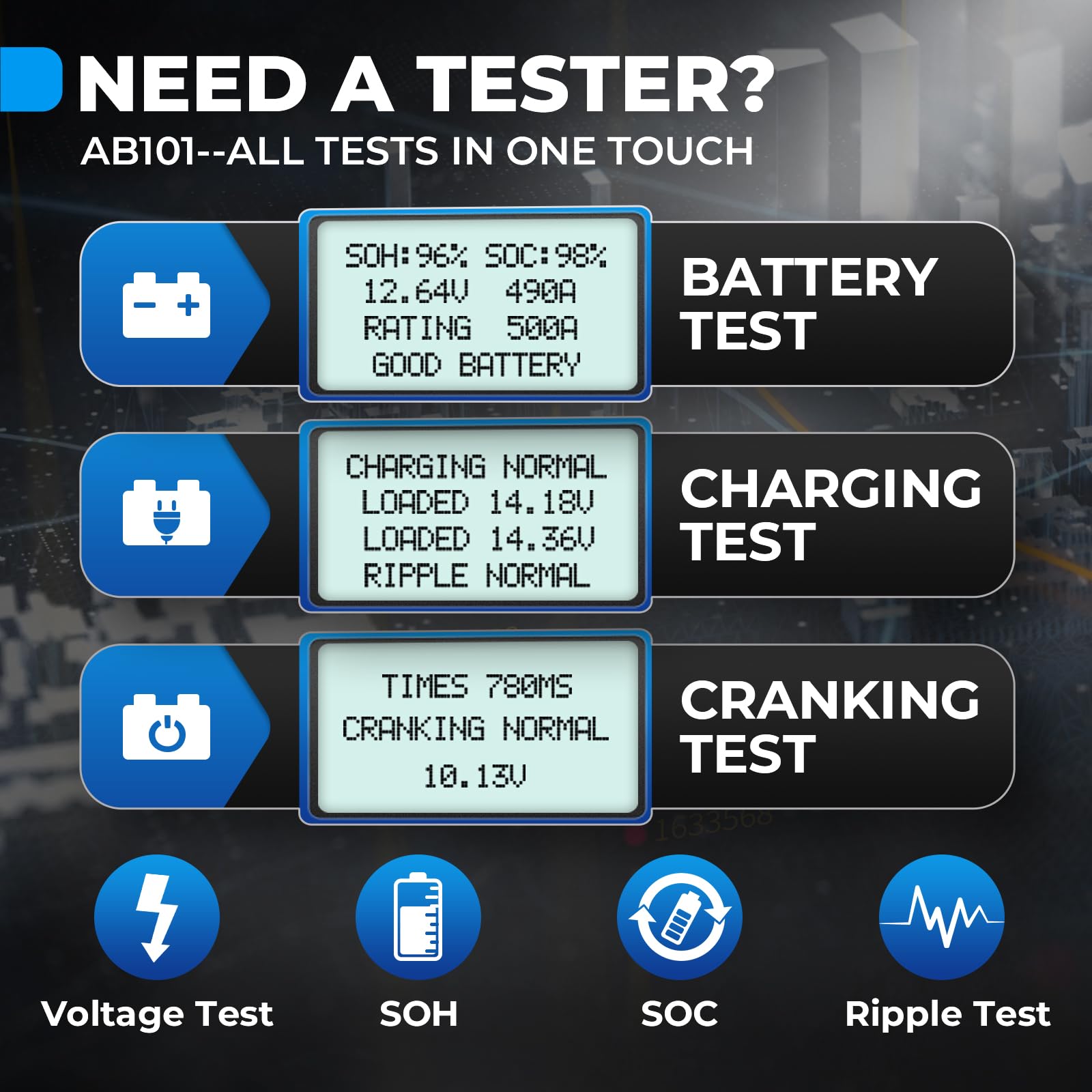 TOPDON AB101 charging system analysis shows charging output status at a glance.
