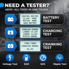 TOPDON AB101 charging system analysis shows charging output status at a glance.