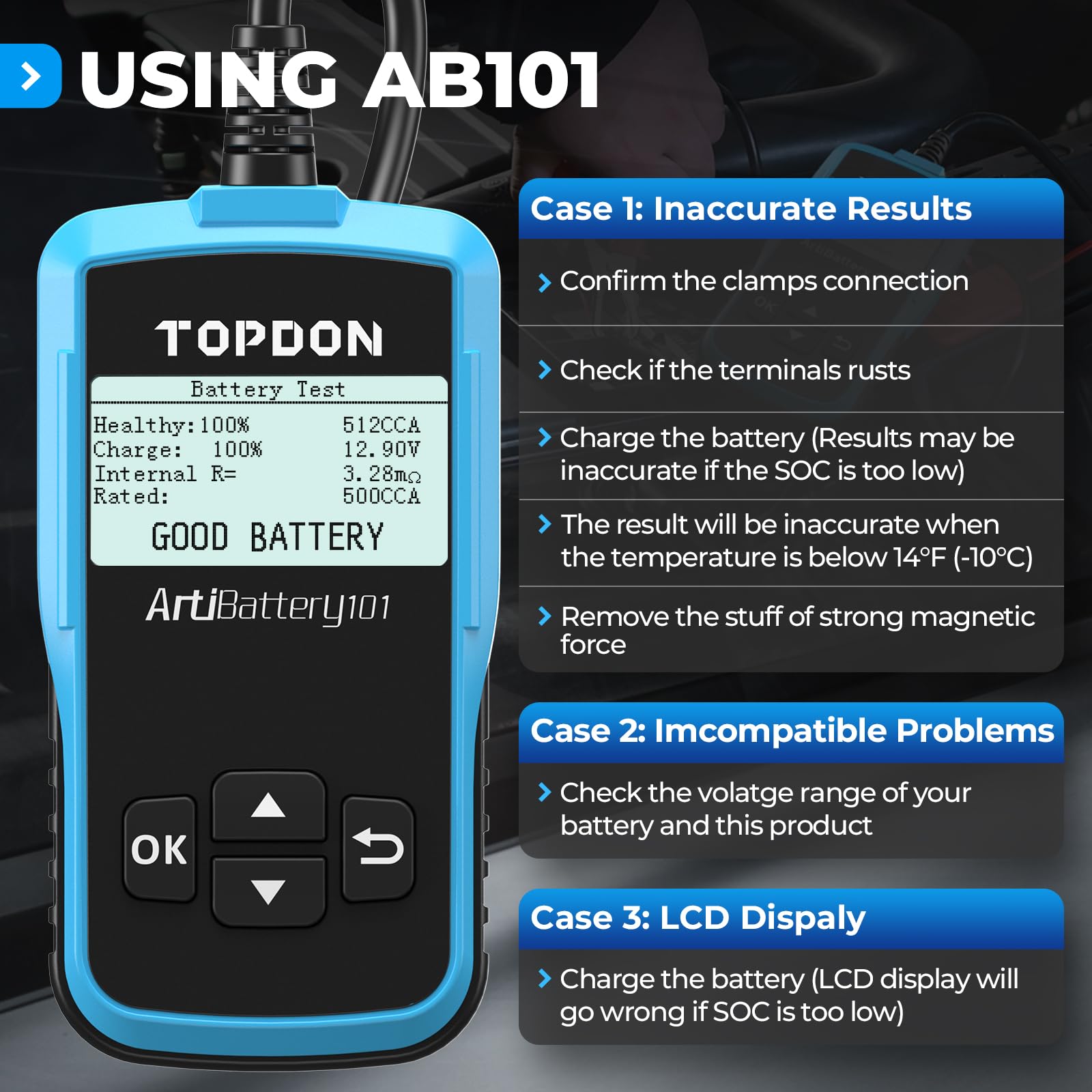 TOPDON AB101 compact portable tester ideal for cars, SUVs, and light trucks.