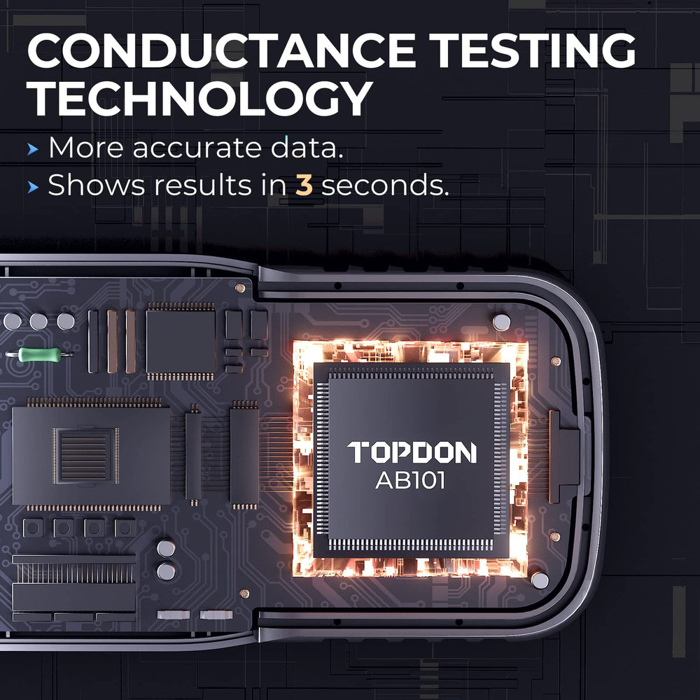 TOPDON AB101 cranking test displays real-time voltage and time for starter health.