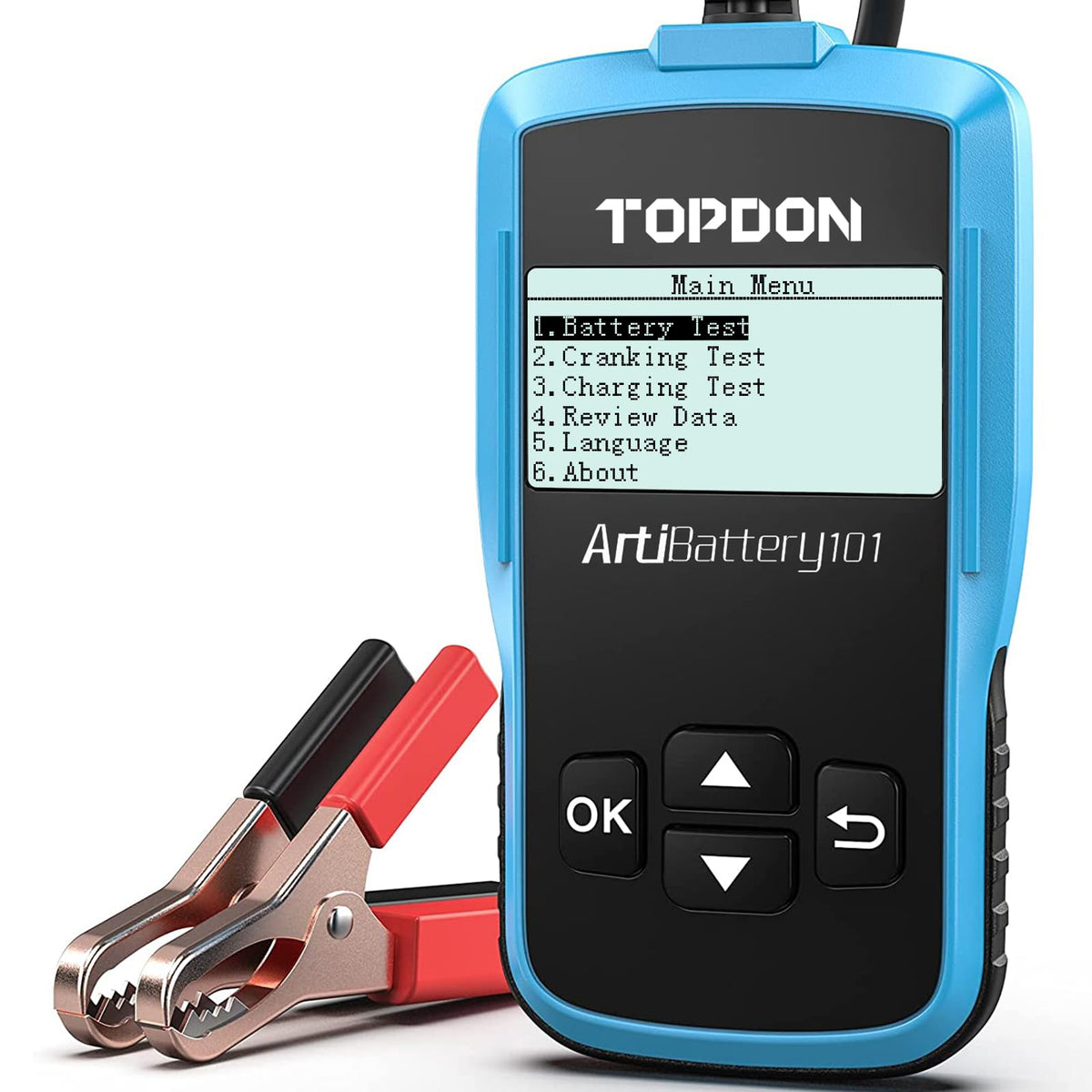 TOPDON AB101 front view showing a compact handheld tester for on-the-go testing.