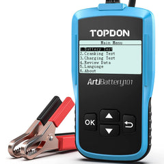 TOPDON AB101 front view showing a compact handheld tester for on-the-go testing.