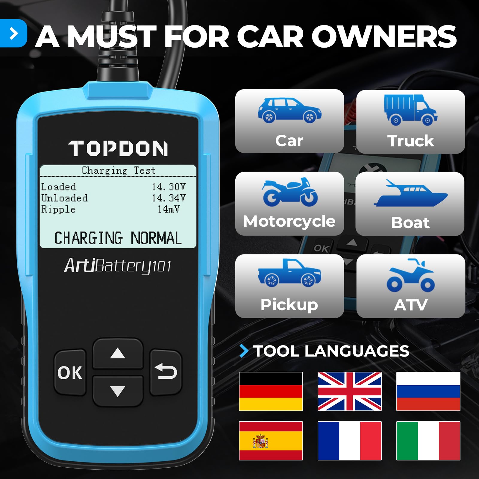 TOPDON AB101 rubber-sleeved clips provide safe connections during testing.