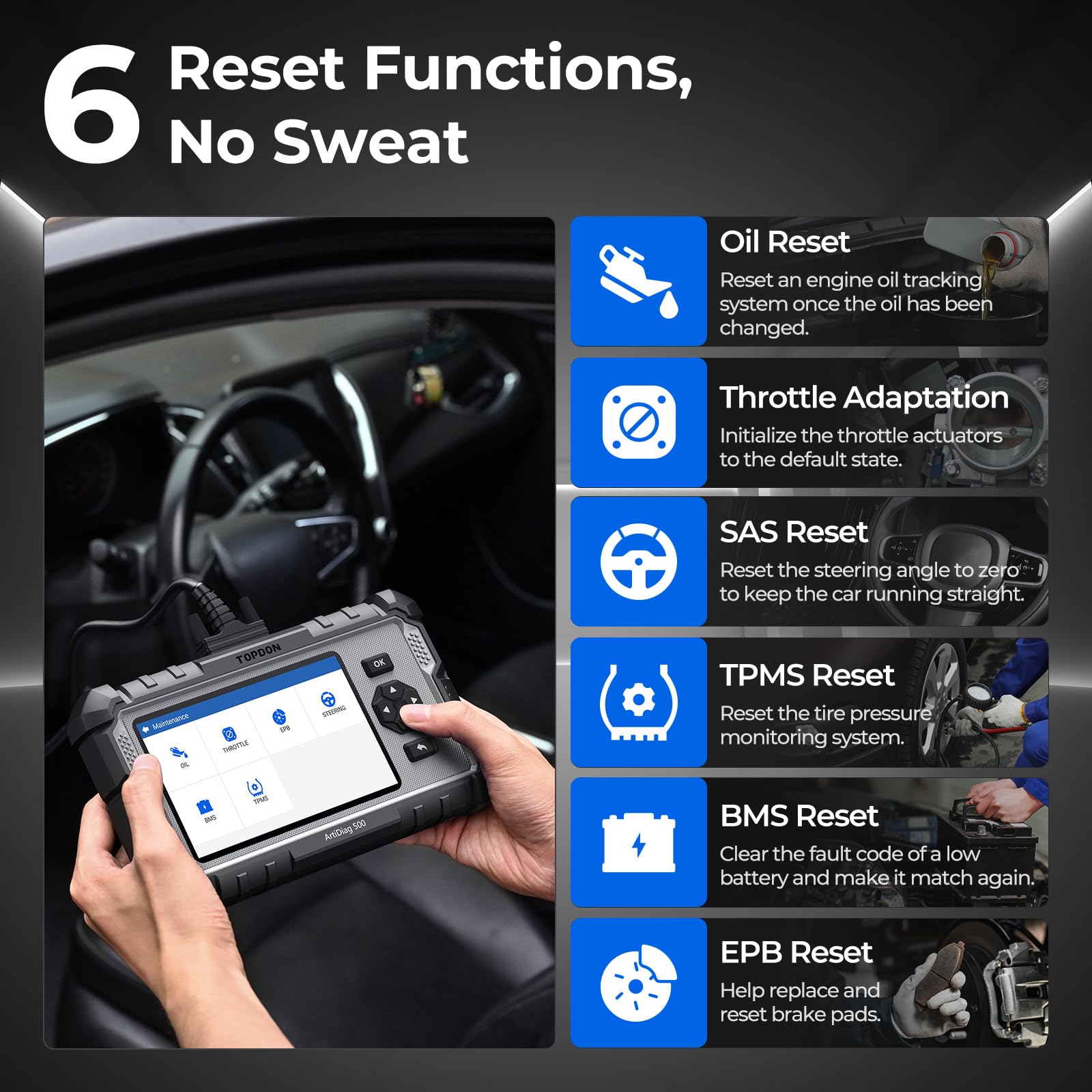 Topdon AD500 reset functions cover oils, throttle, SAS, TPMS, BMS, EPB
