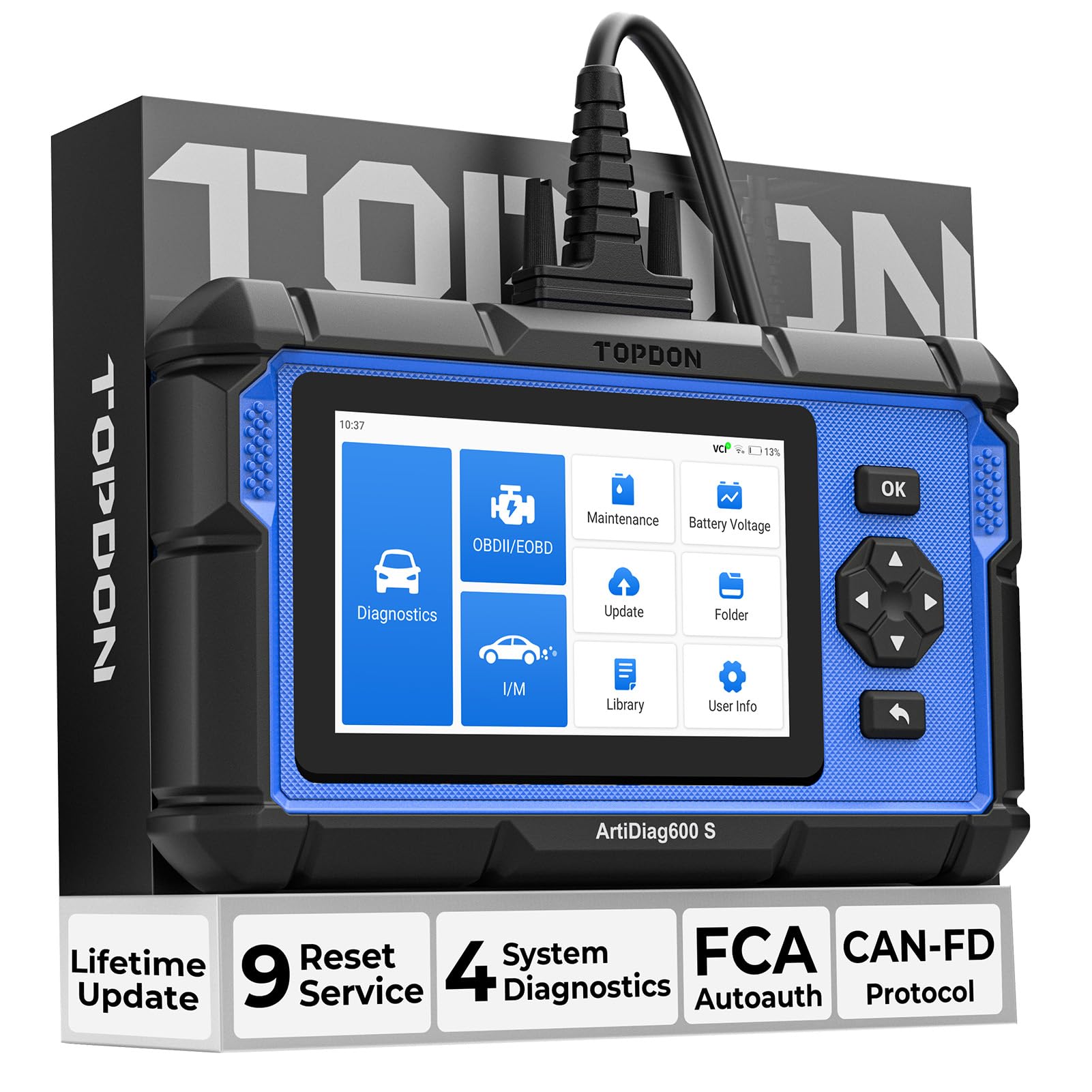 TOPDON AD600S color screen shows clear fault codes and results.