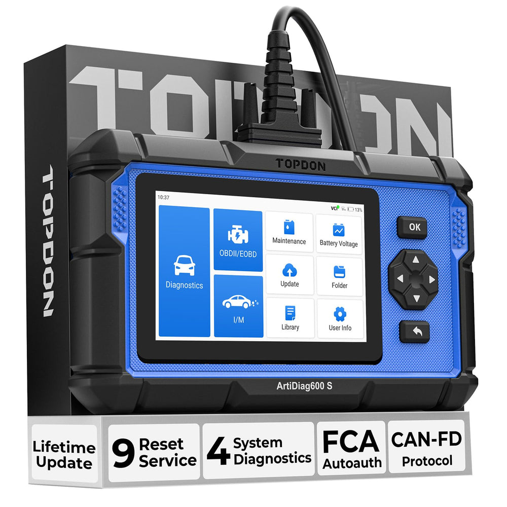 TOPDON AD600S color screen shows clear fault codes and results.