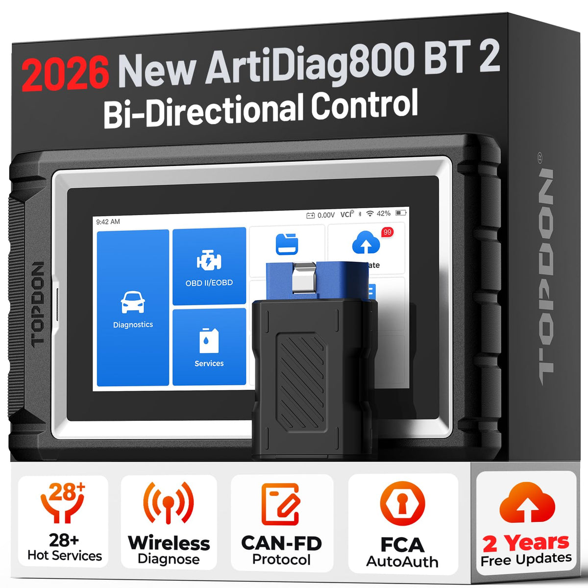 Topdon AD800BT front view shows bidirectional diagnostics for precise ECU actions.